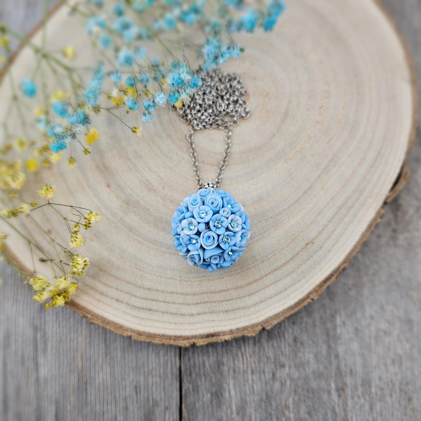 Handcrafted Polymer Clay Pendant - Blue Flower Ball Necklace with Crystals - Unique Floral Jewelry on Adjustable Chain