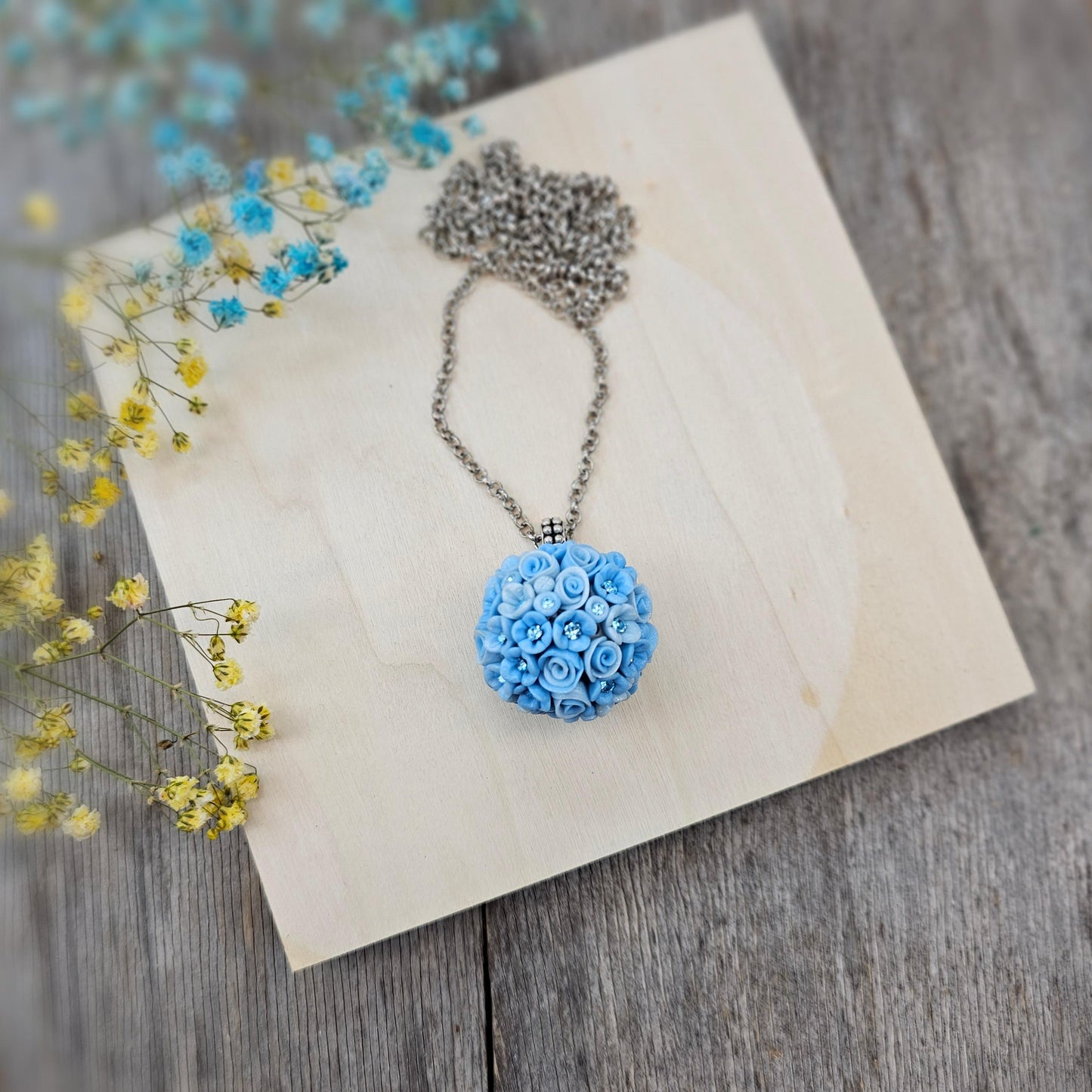 Handcrafted Polymer Clay Pendant - Blue Flower Ball Necklace with Crystals - Unique Floral Jewelry on Adjustable Chain