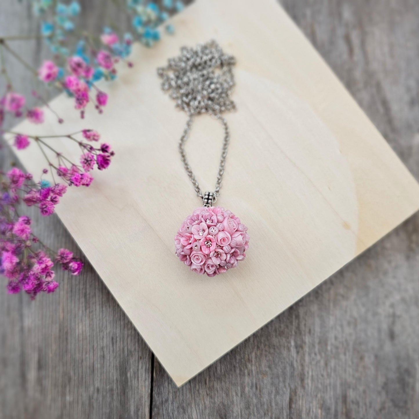 Handmade Pink Polymer Clay Flower Pendant with Crystals
