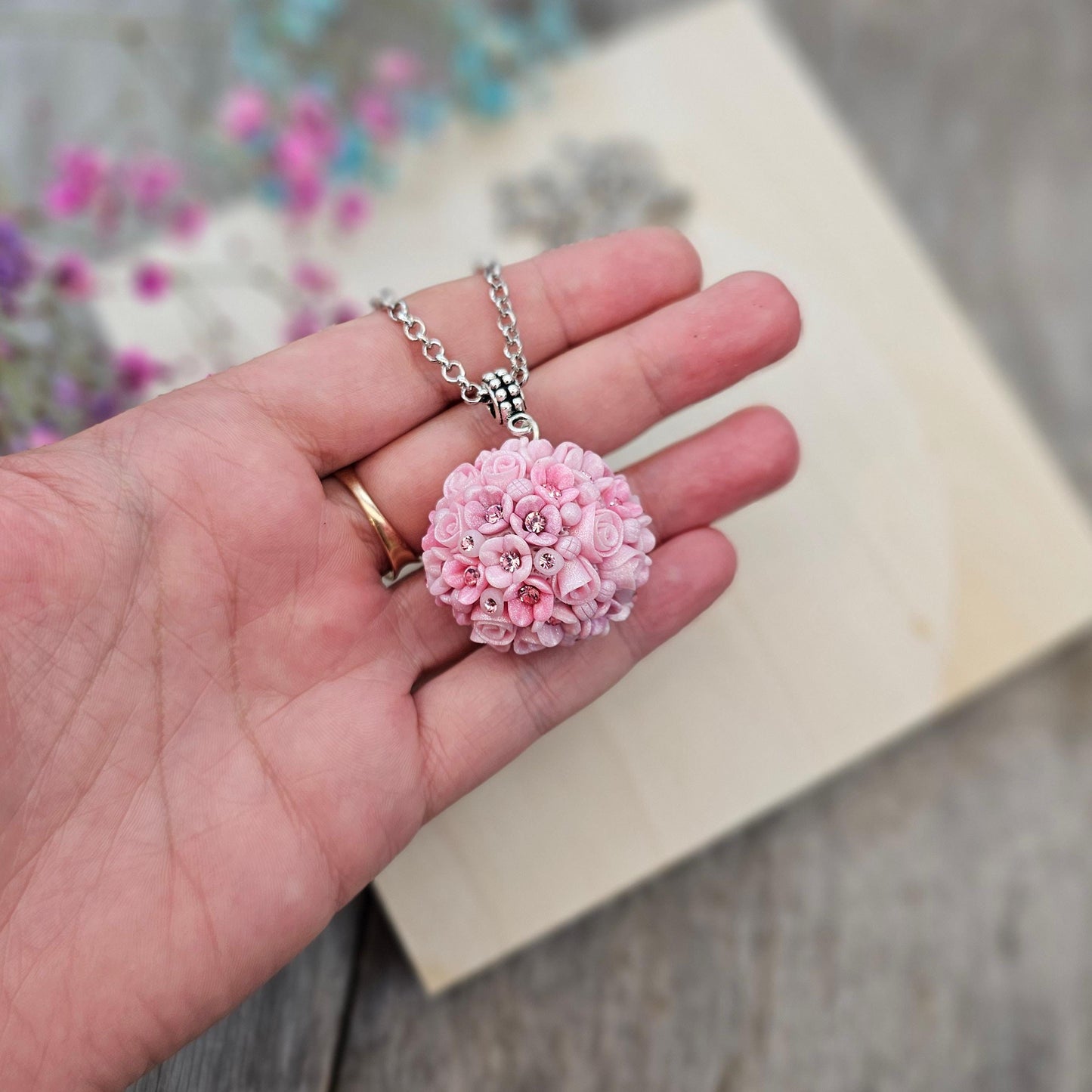 Handmade Pink Polymer Clay Flower Pendant with Crystals