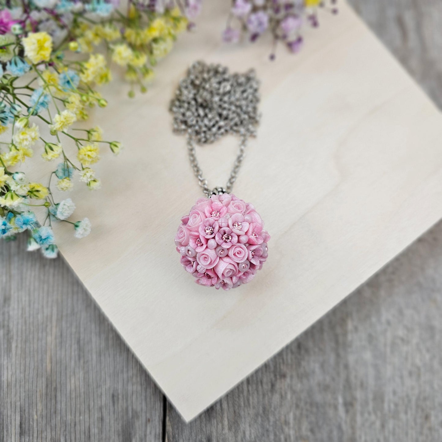 Handmade Pink Polymer Clay Flower Pendant with Crystals