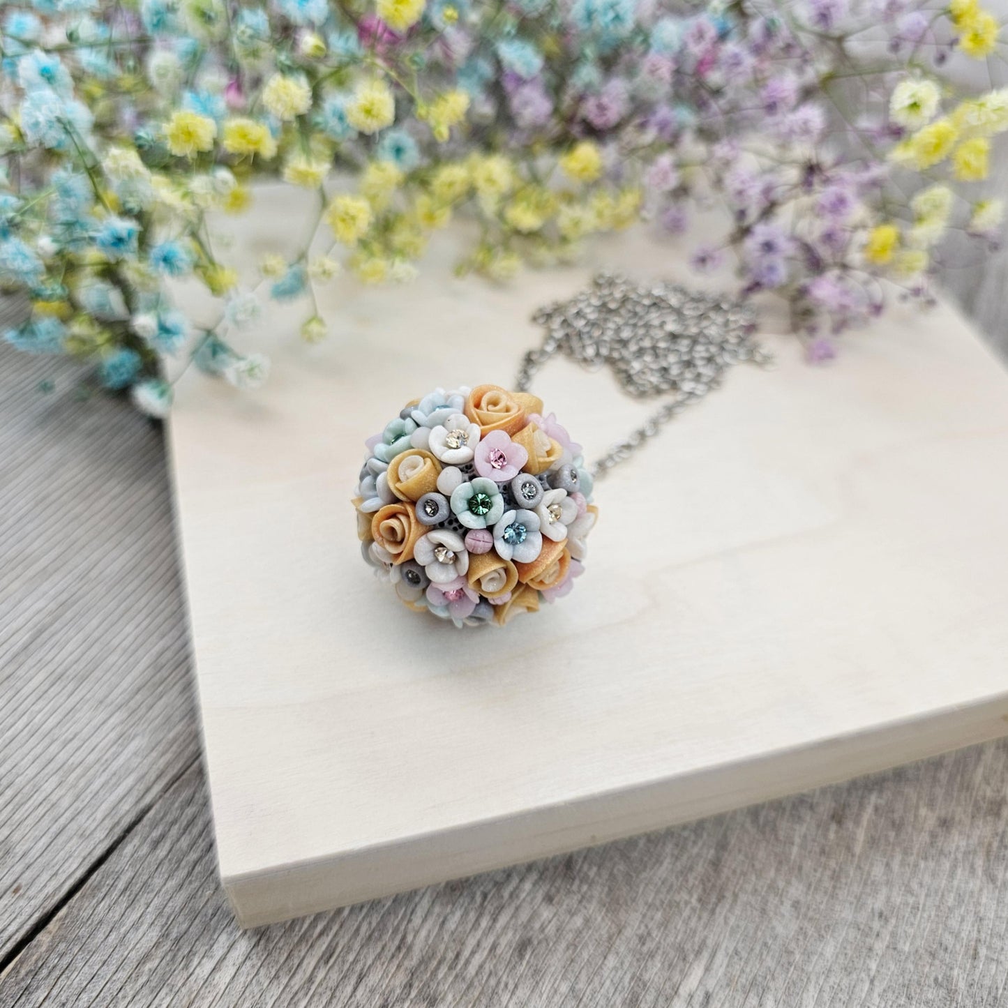 Pastel Bouquet Polymer Clay Pendant with Crystals on Metal Chain – Handmade Floral Jewelry