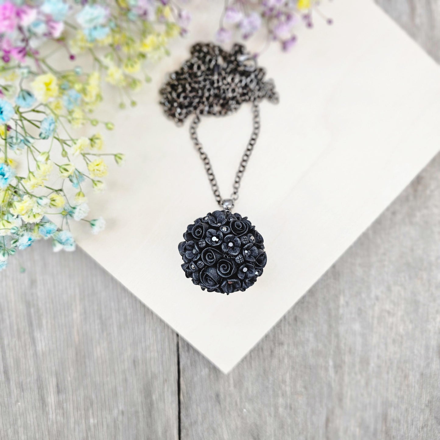 Elegant Black Floral Polymer Clay Pendant with Crystals – Handmade Flower Jewelry on Metal Chain