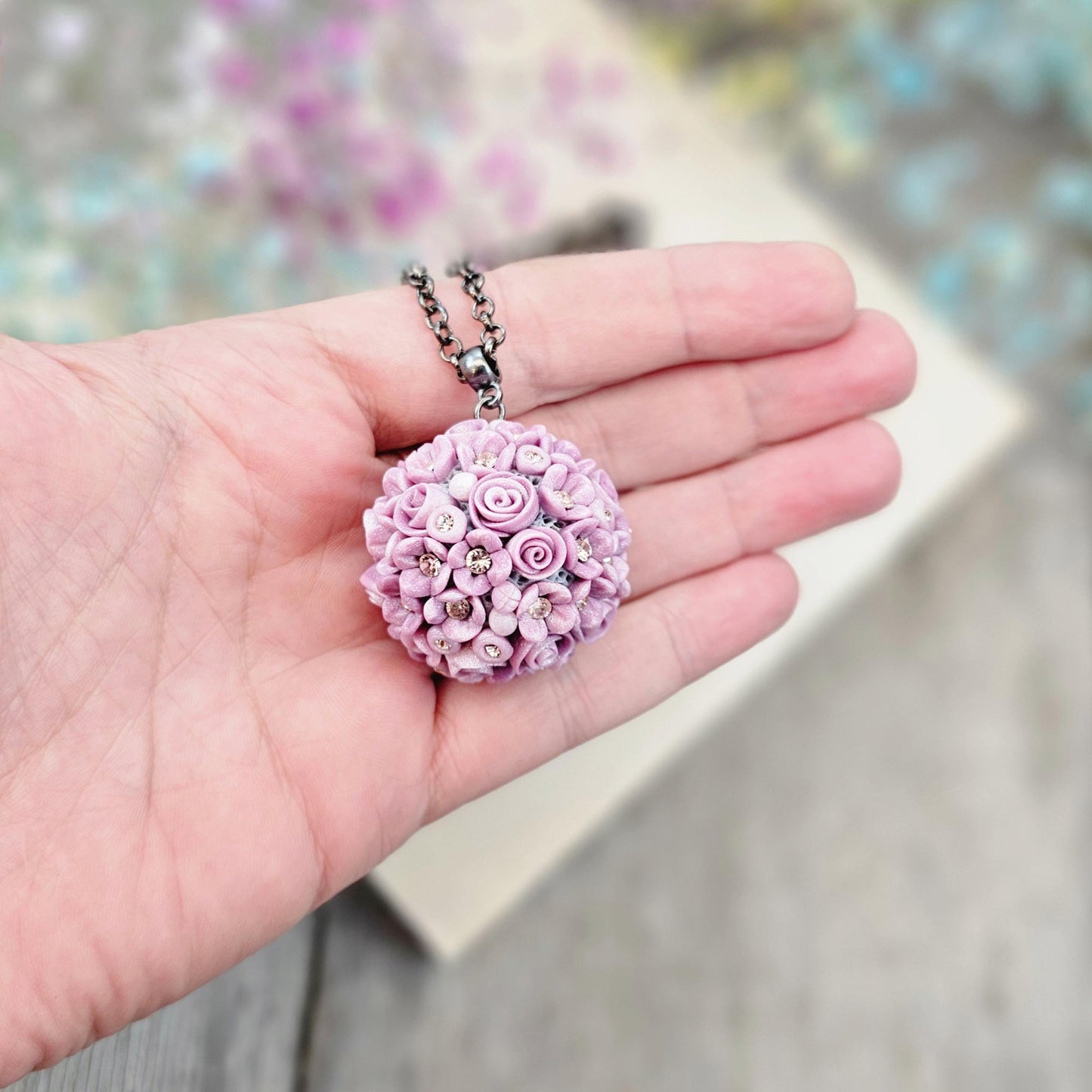 Lavender Color Romantic Polymer Clay Flower Bouquet Pendant with Crystals, Floral Necklace, Spring Pendant with Black Adjustable Chain