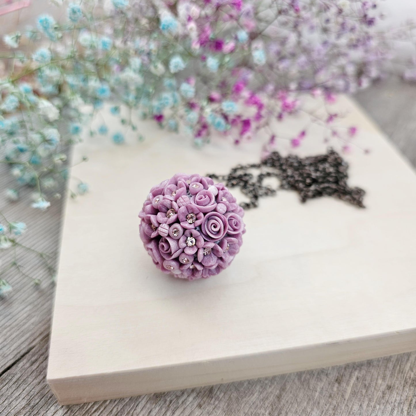 Lavender Color Romantic Polymer Clay Flower Bouquet Pendant with Crystals, Floral Necklace, Spring Pendant with Black Adjustable Chain