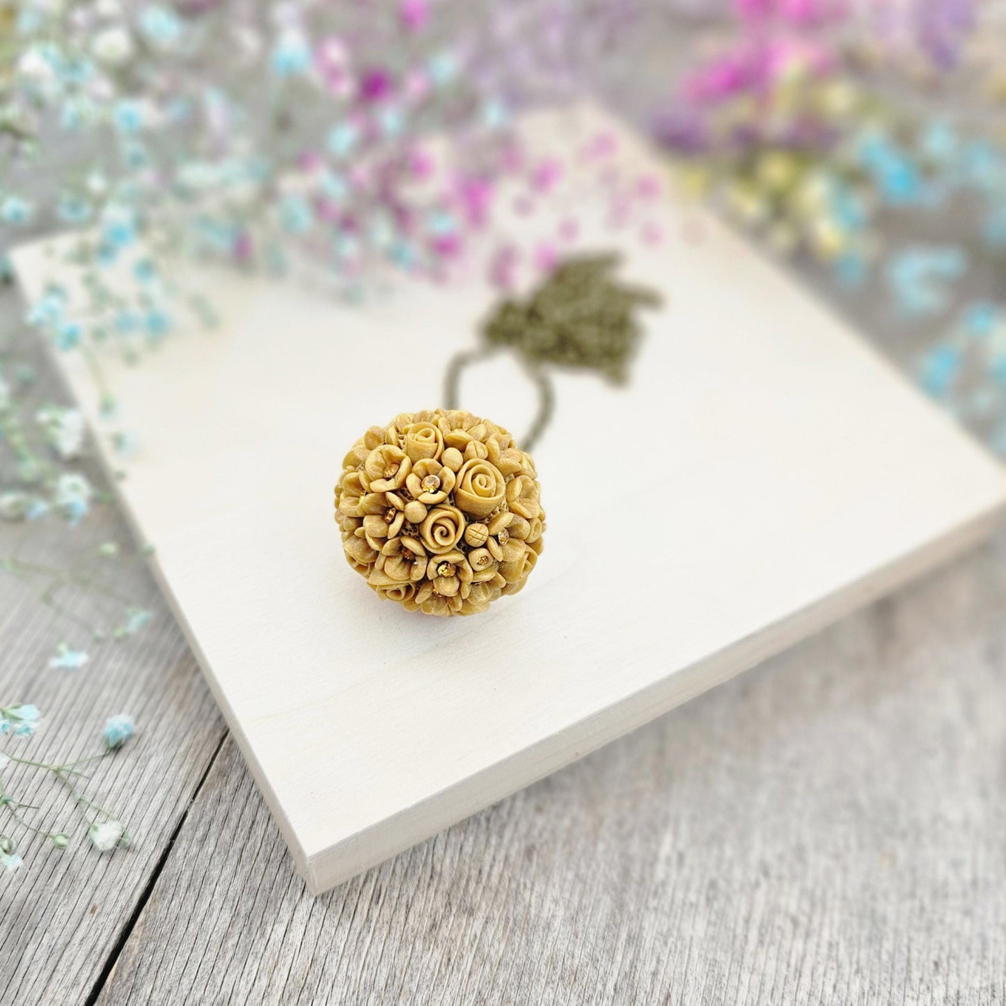 Golden Yellow Floral Polymer Clay Pendant with Crystals on Brass Chain