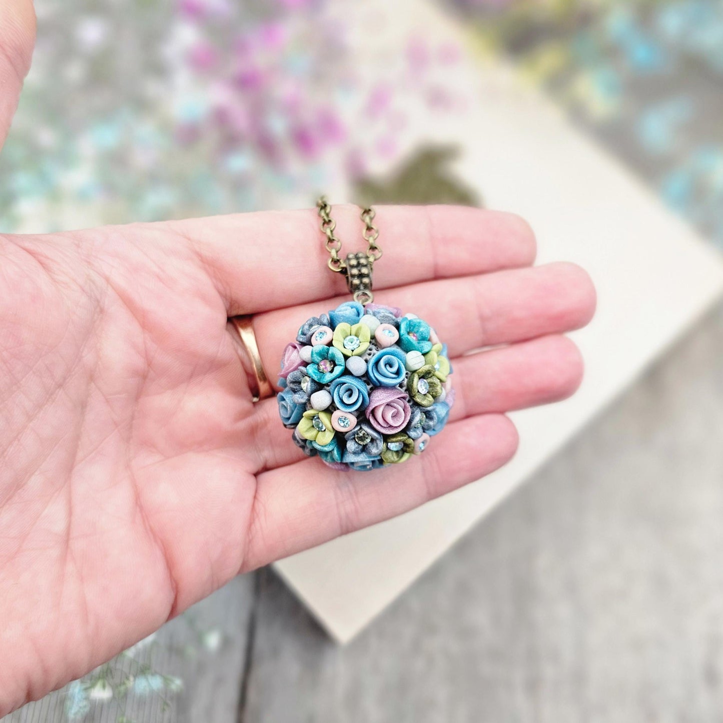 Pastel Blue and Lavender Floral Polymer Clay Pendant on Brass Chain