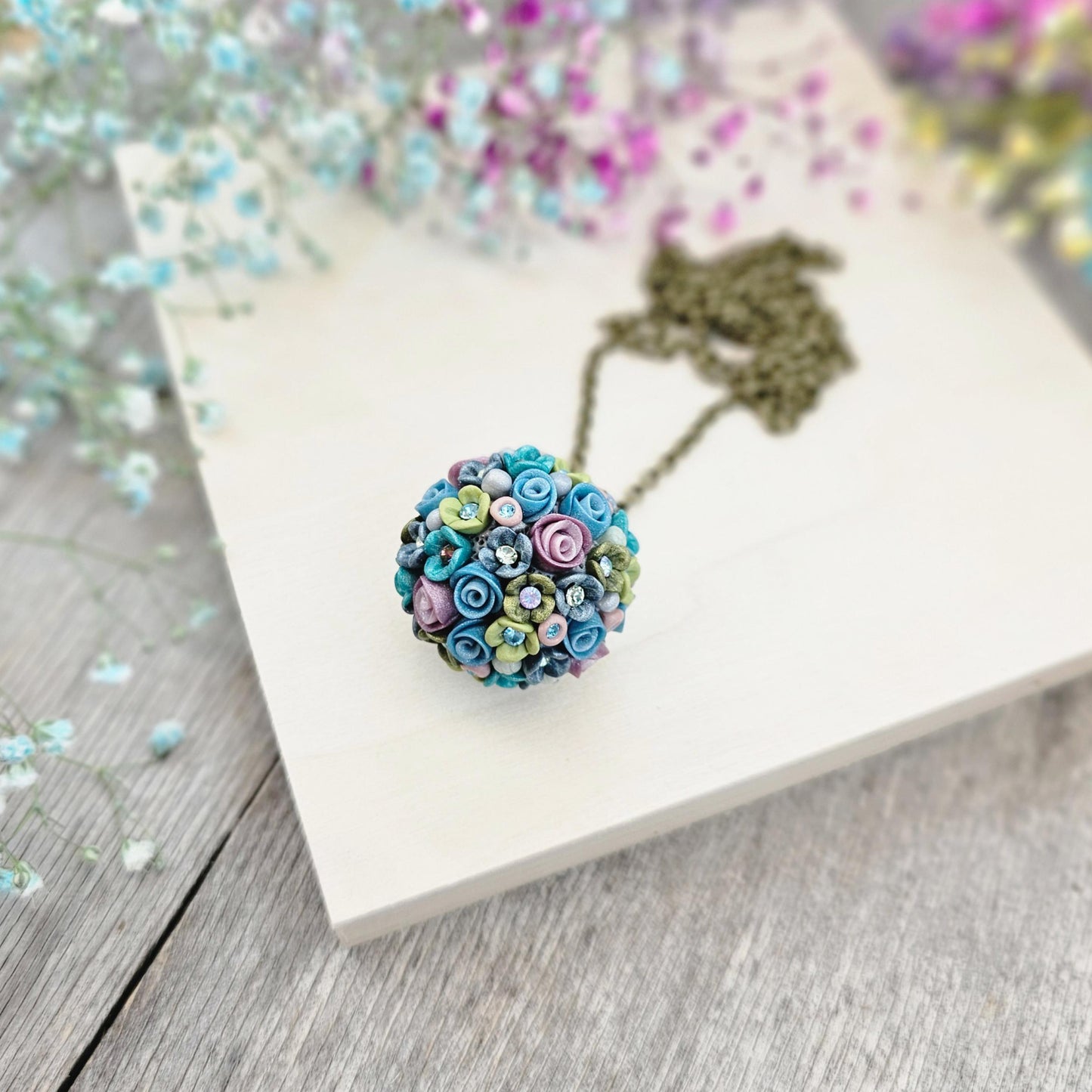 Pastel Blue and Lavender Floral Polymer Clay Pendant on Brass Chain