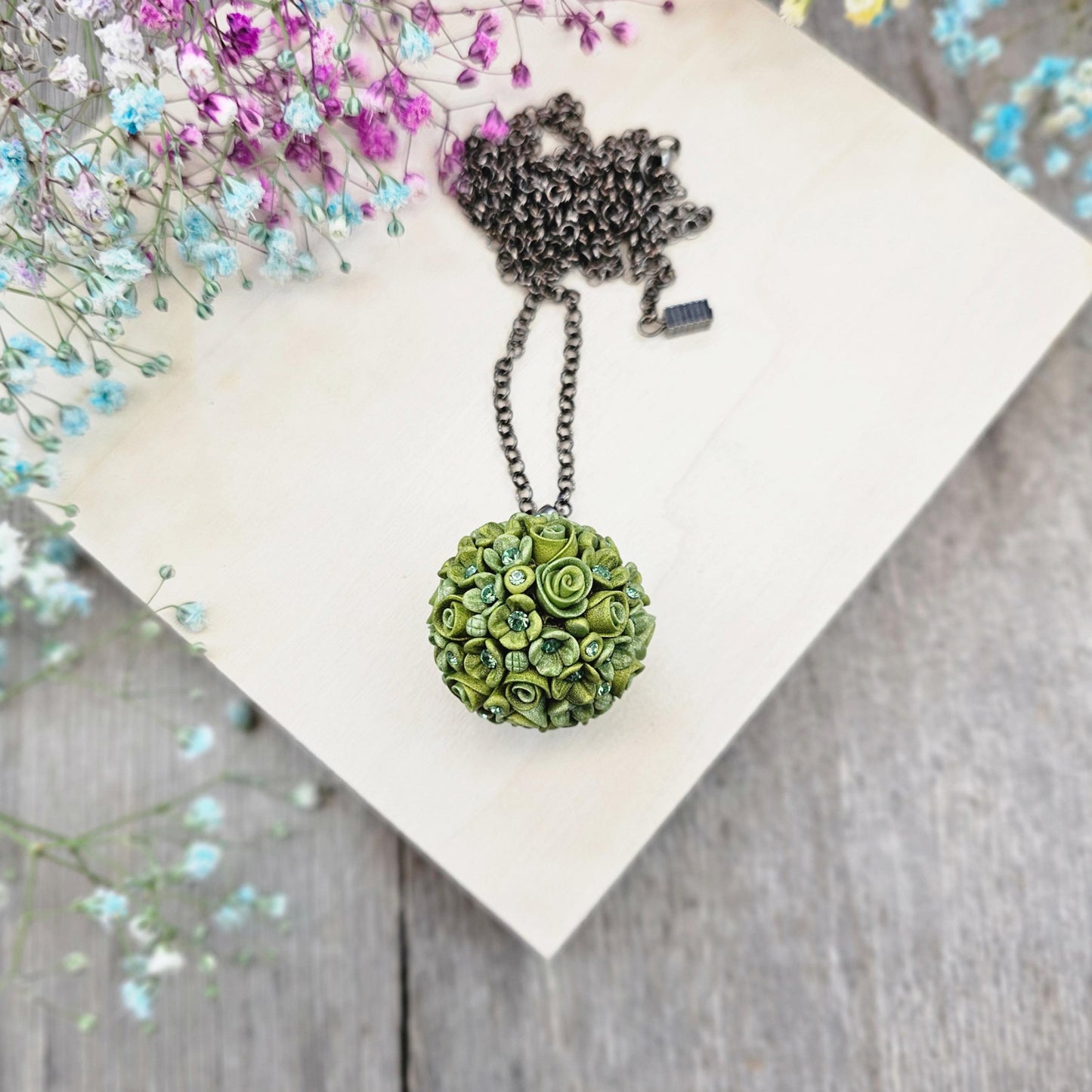 Handmade Green Polymer Clay Flower Ball Pendant on Black Chain