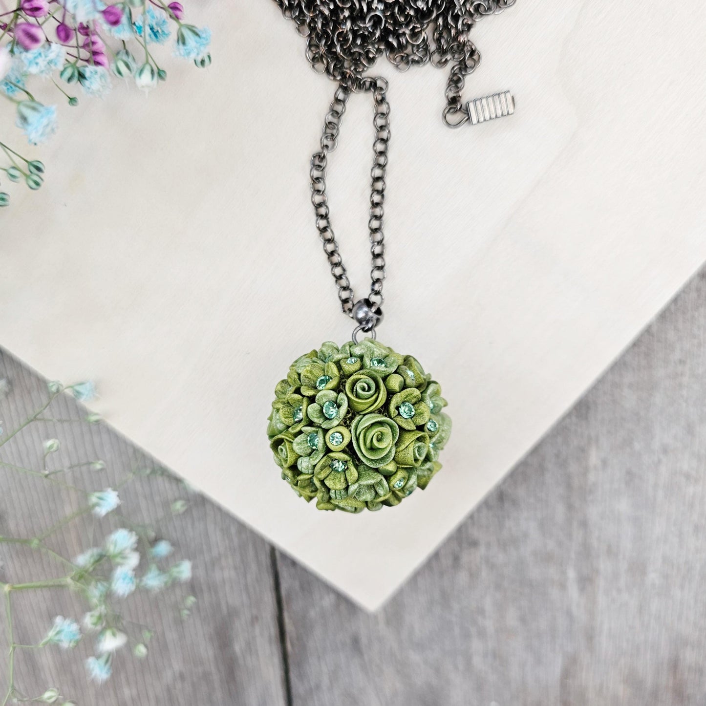 Handmade Green Polymer Clay Flower Ball Pendant on Black Chain
