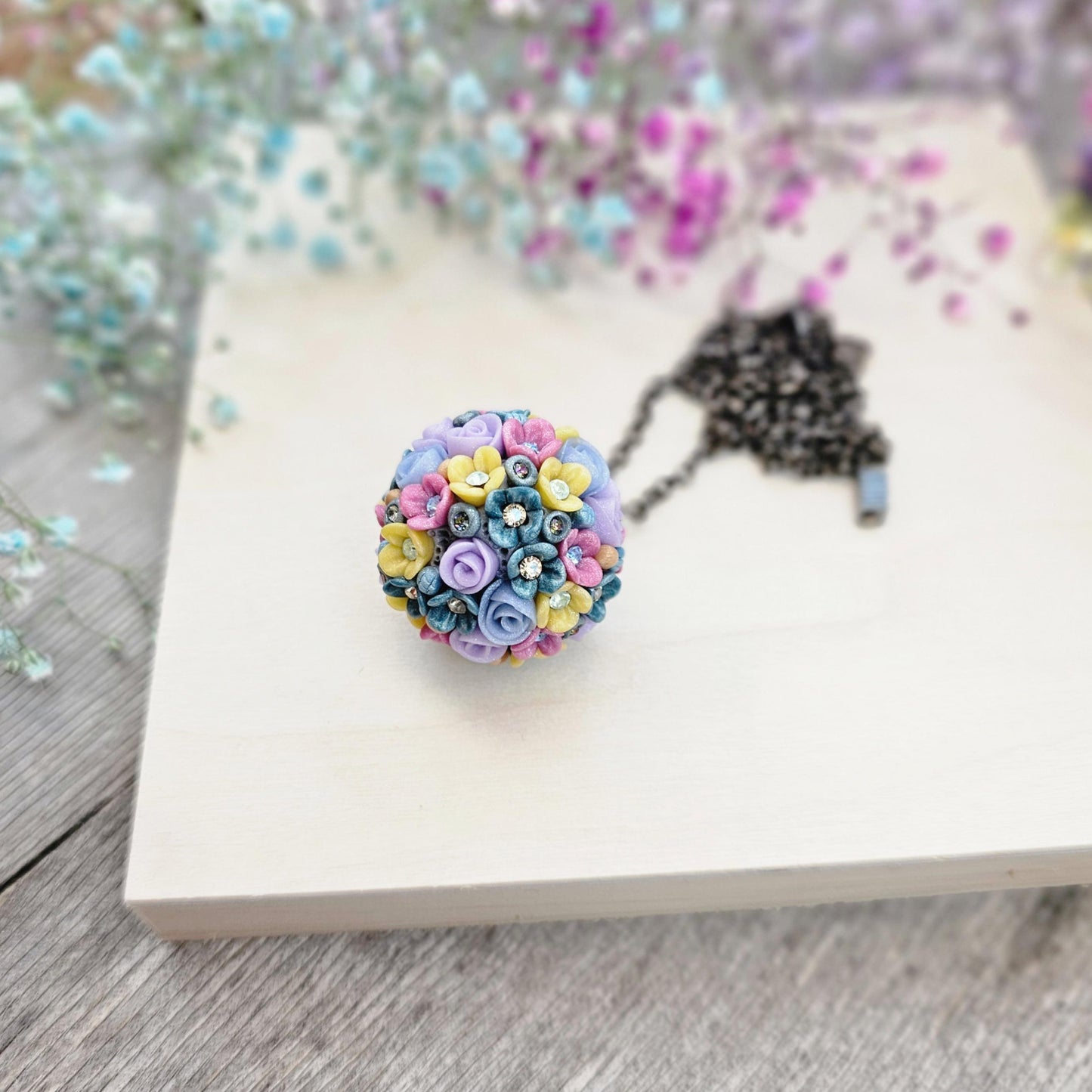 Multicolor Blossom Polymer Clay Ball Pendant on Black Chain