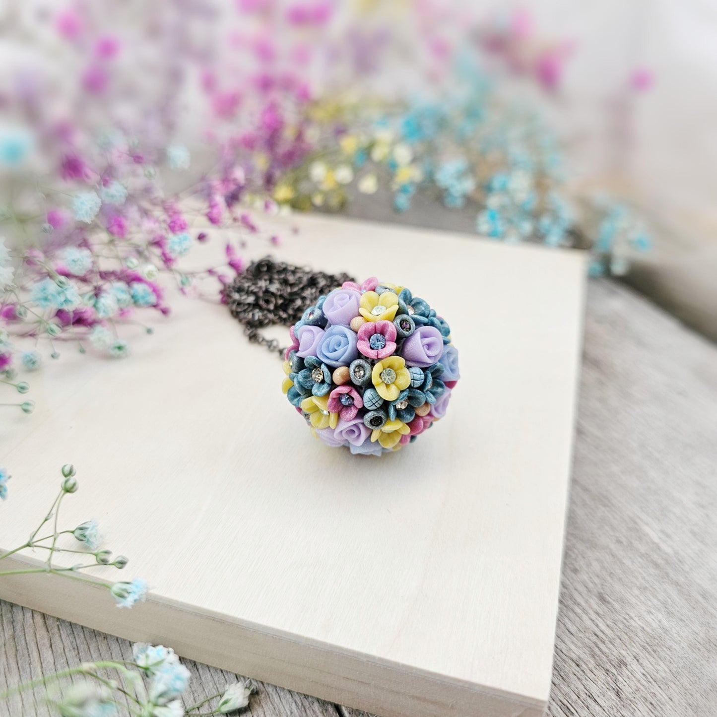 Multicolor Blossom Polymer Clay Ball Pendant on Black Chain