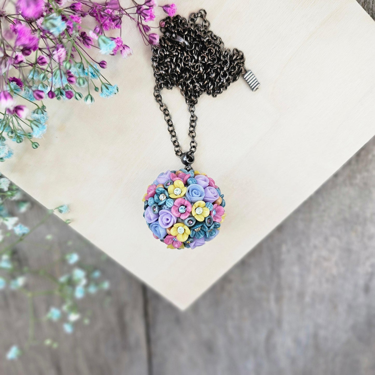 Multicolor Blossom Polymer Clay Ball Pendant on Black Chain