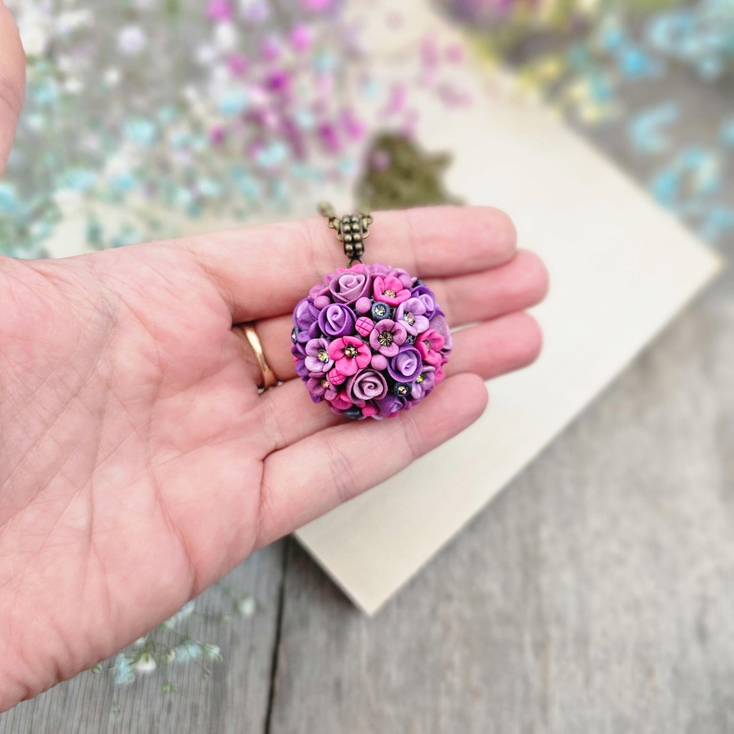 Purple Floral Polymer Clay Pendant on Brass Chain