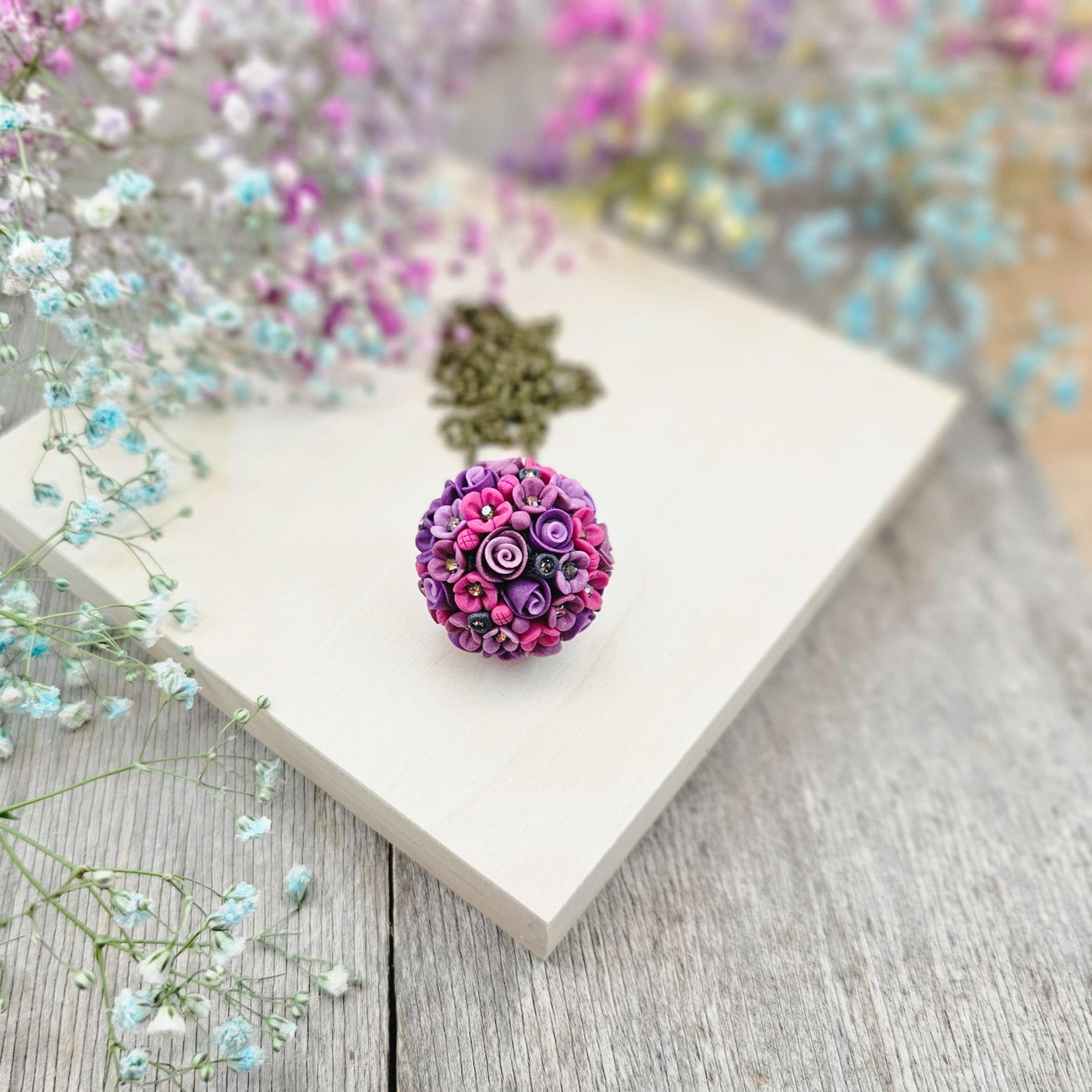 Purple Floral Polymer Clay Pendant on Brass Chain