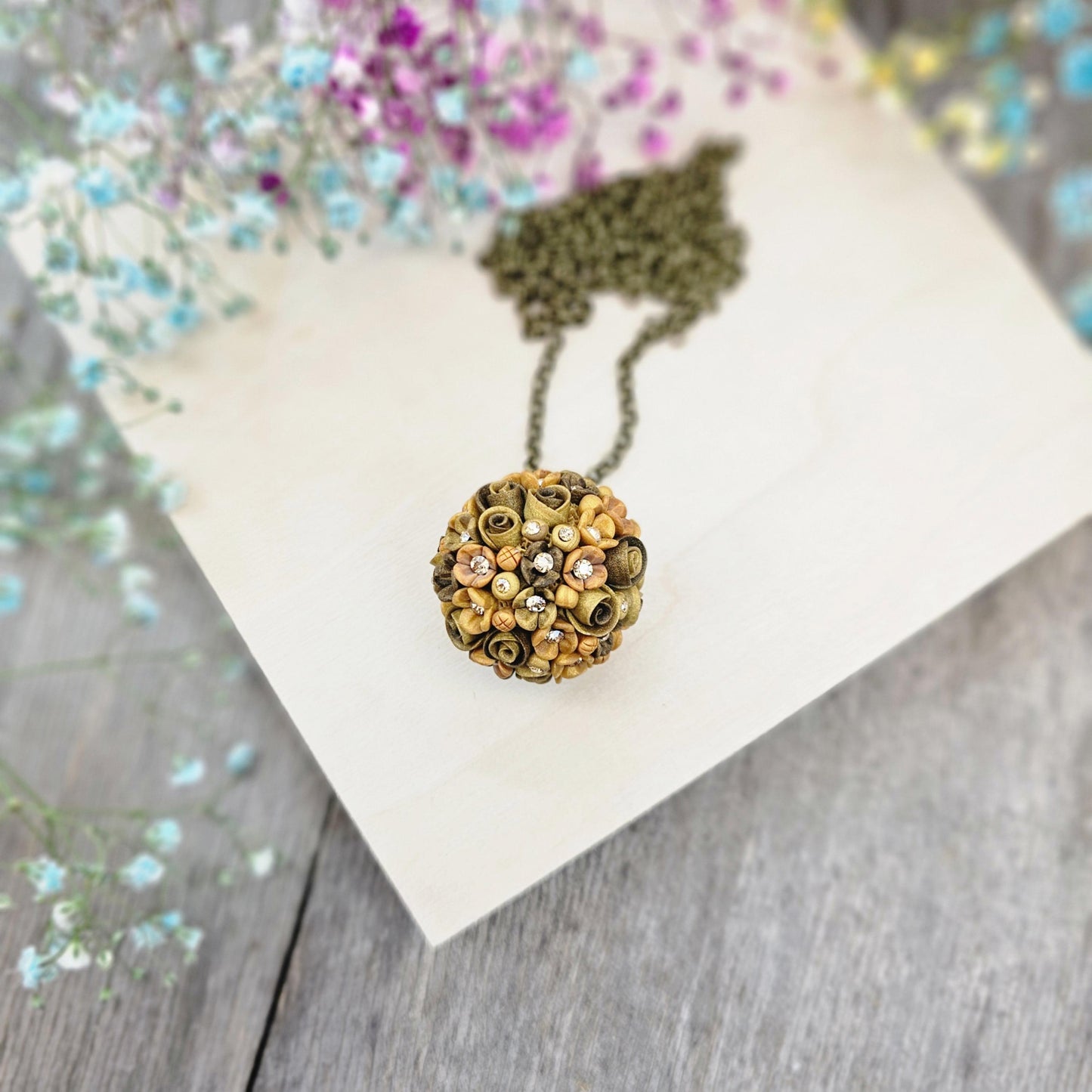 Golden Brown Earth Tone Flower Ball Pendant on Brass Chain