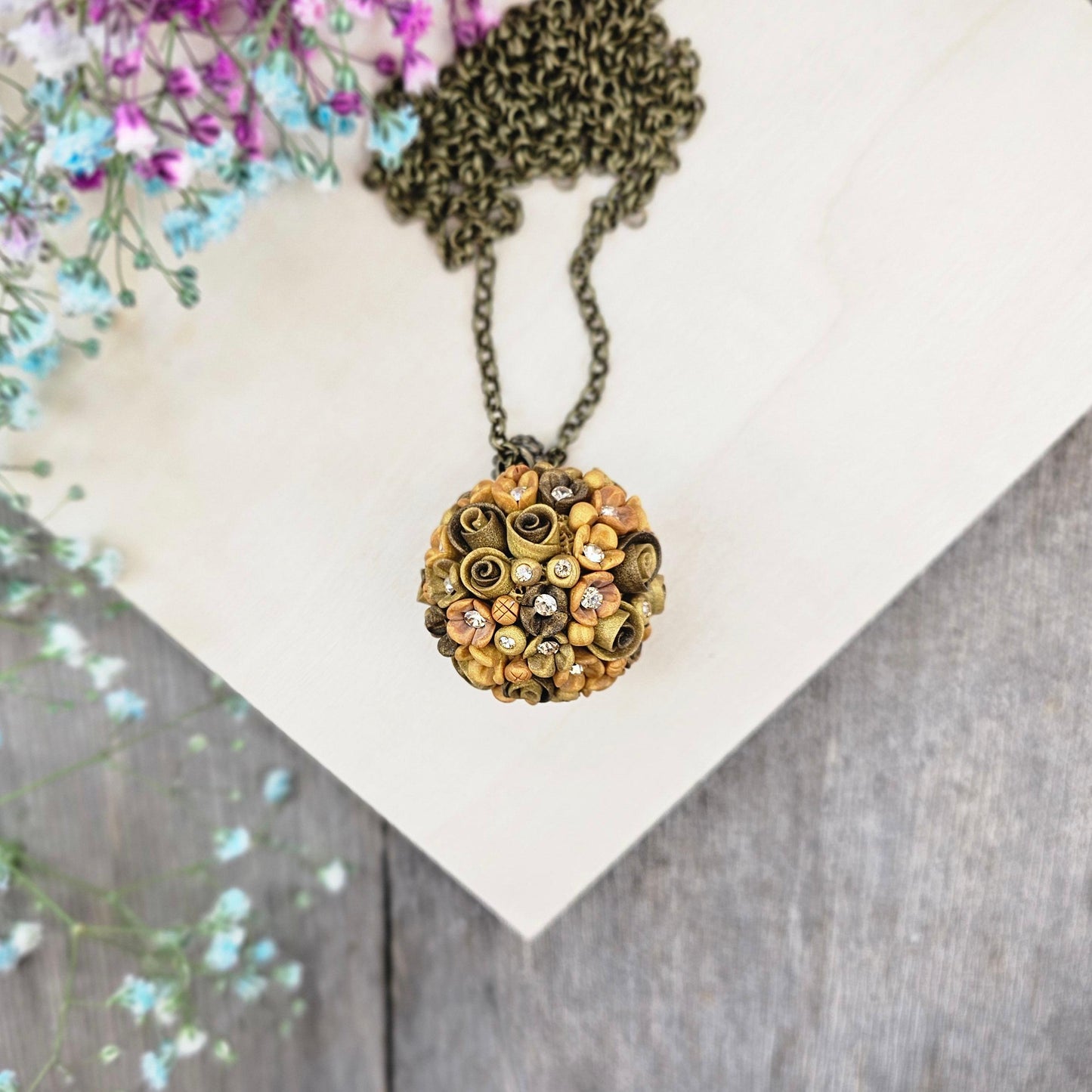 Golden Brown Earth Tone Flower Ball Pendant on Brass Chain