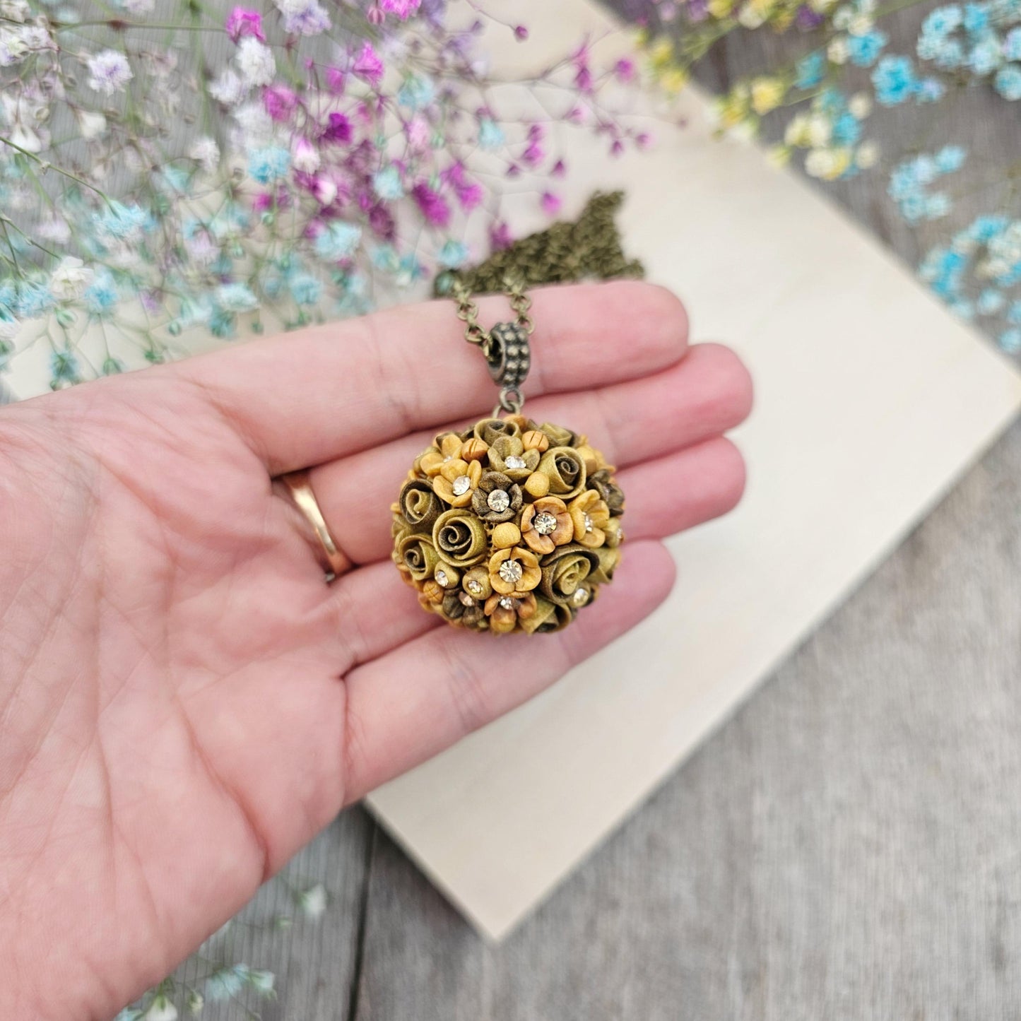 Golden Brown Earth Tone Flower Ball Pendant on Brass Chain
