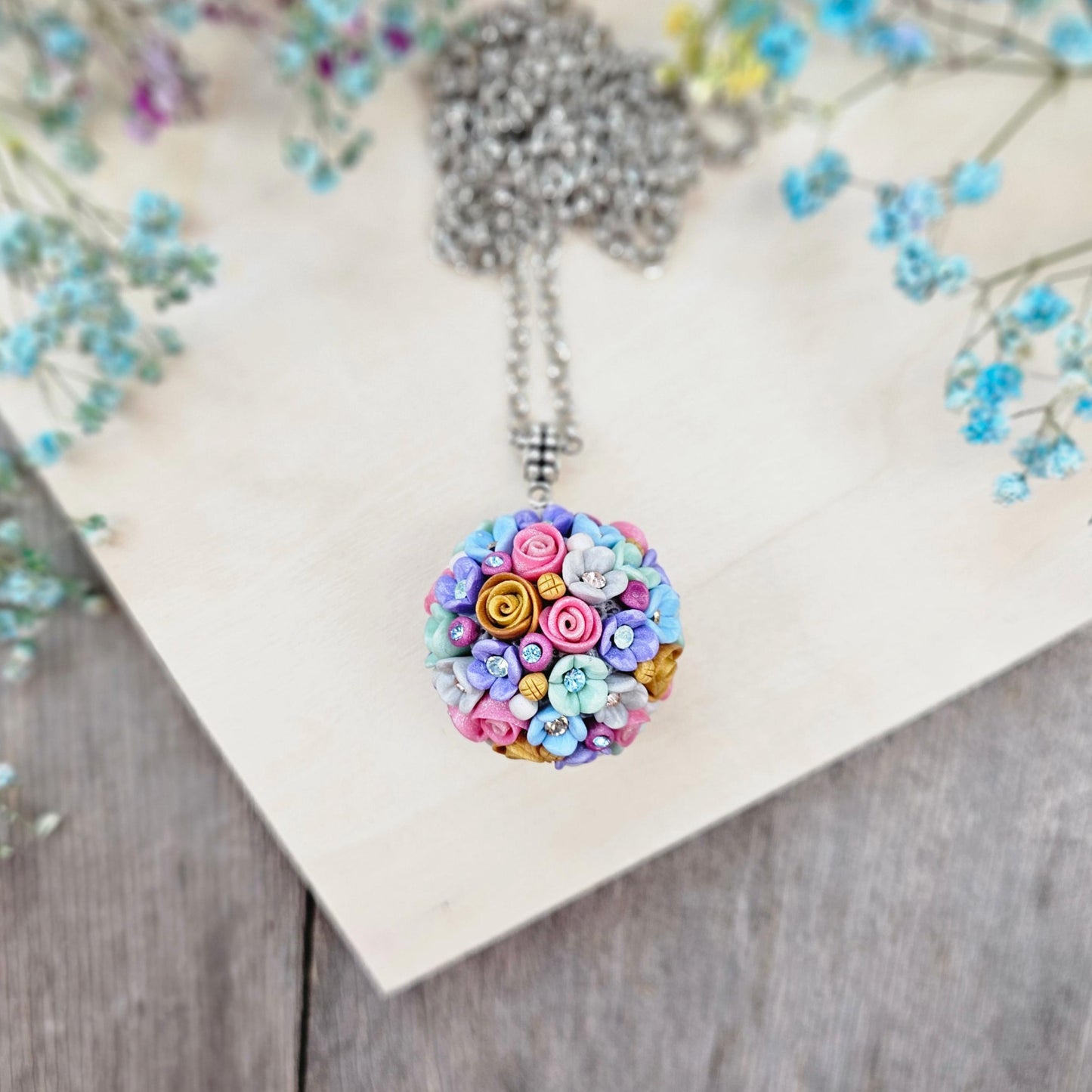 Colorful Spring Blossom Polymer Clay Ball Pendant on Silver color Metal Chain