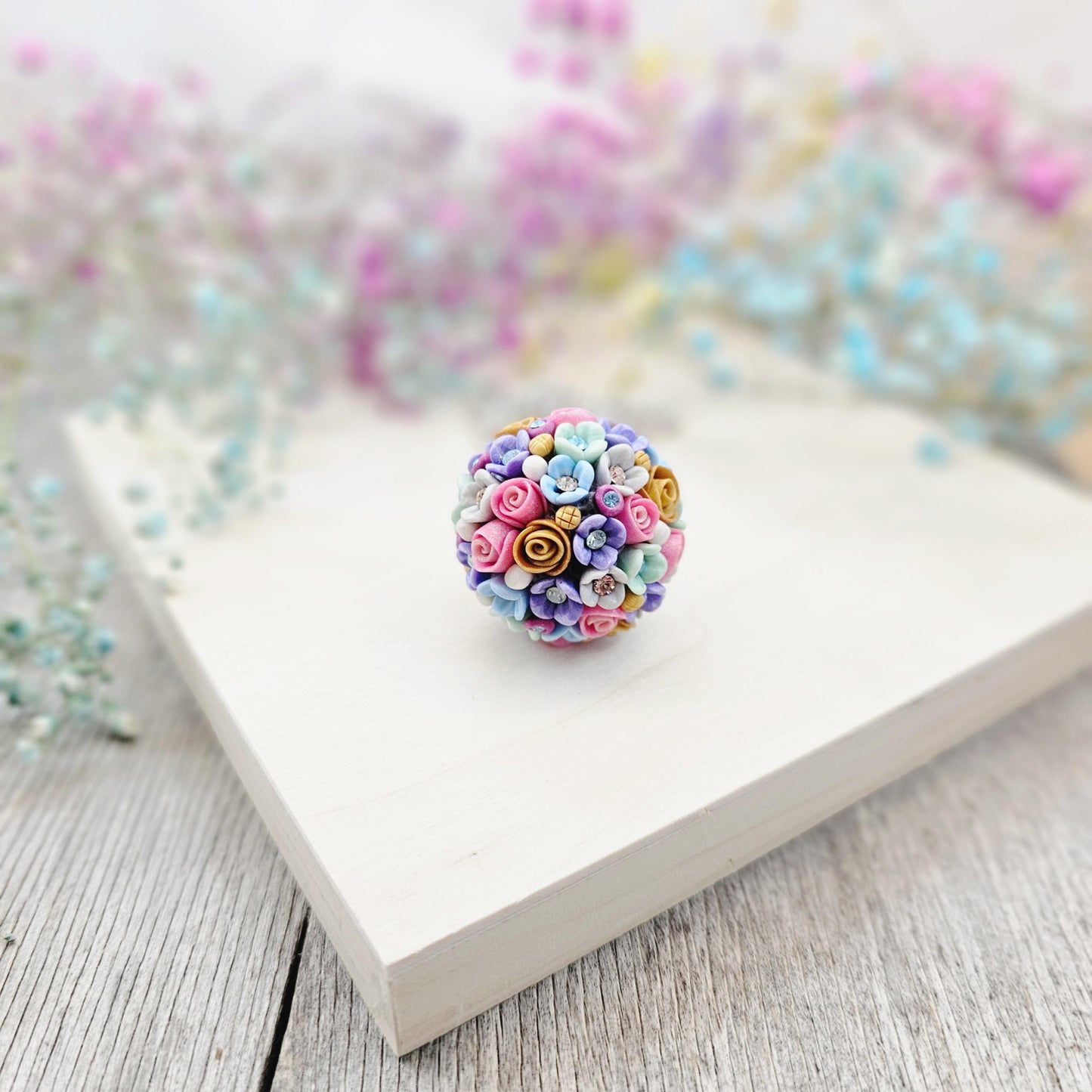 Colorful Spring Blossom Polymer Clay Ball Pendant on Silver color Metal Chain
