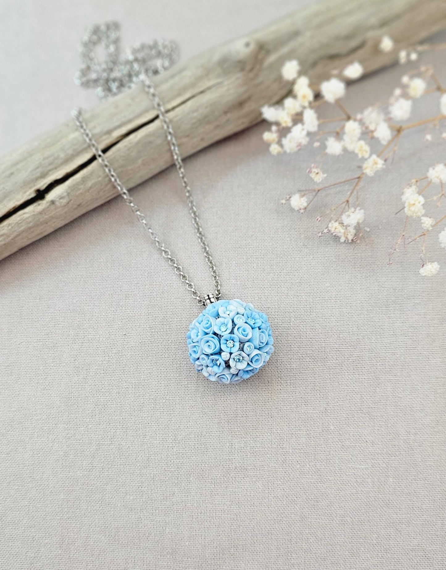 Handcrafted Polymer Clay Pendant - Blue Flower Ball Necklace with Crystals - Unique Floral Jewelry on Adjustable Chain