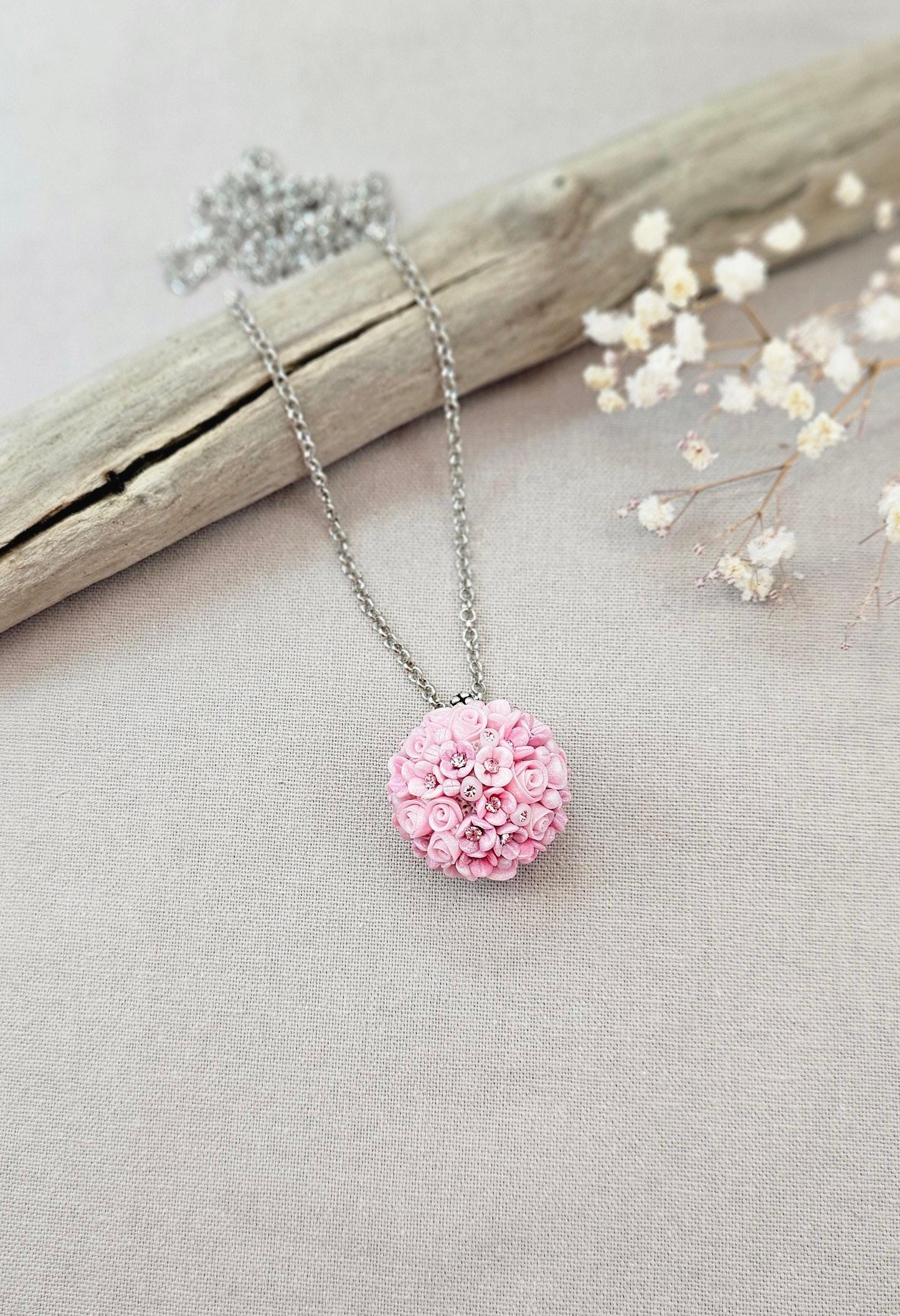Handmade Pink Polymer Clay Flower Pendant with Crystals