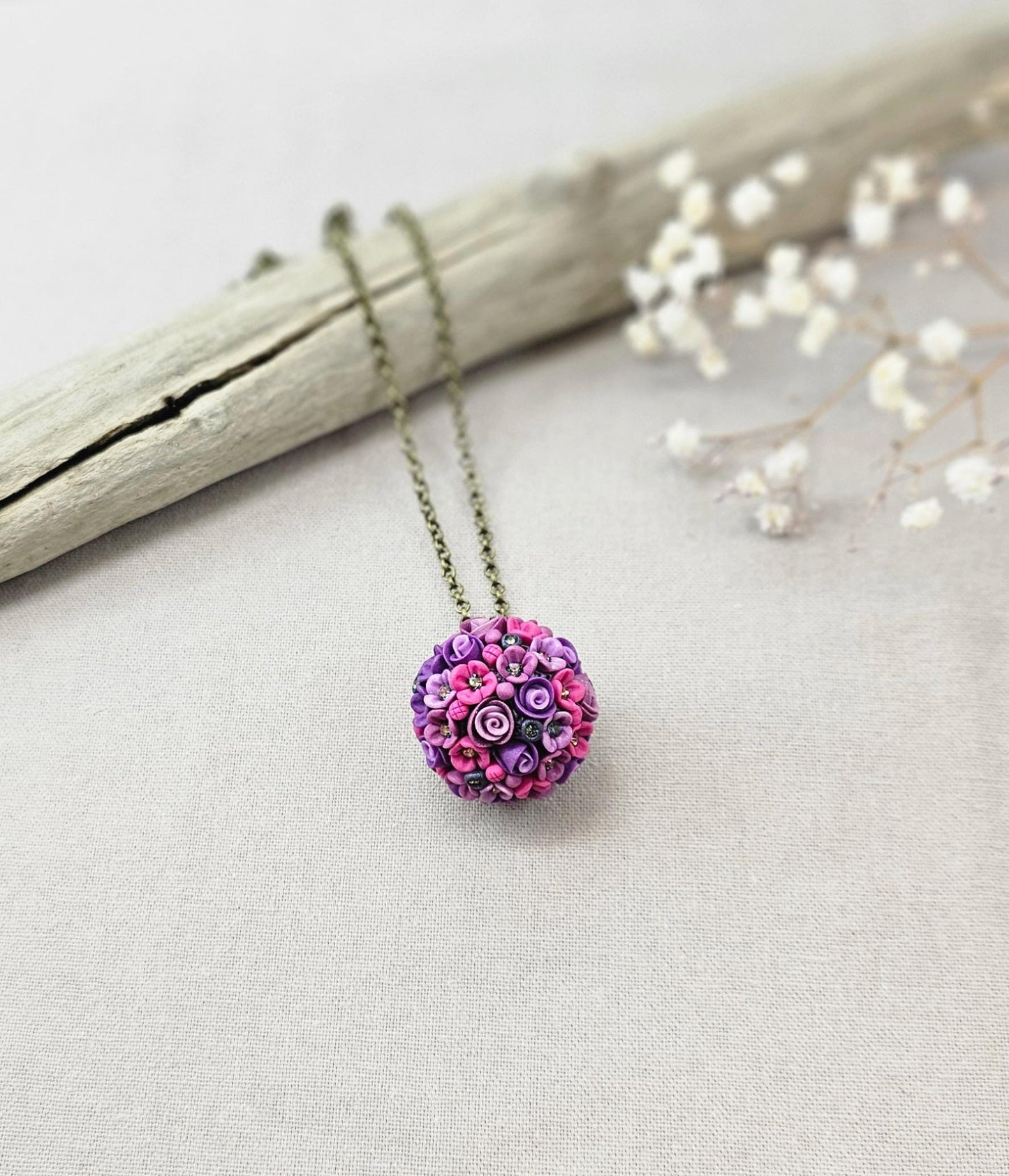 Purple Floral Polymer Clay Pendant on Brass Chain