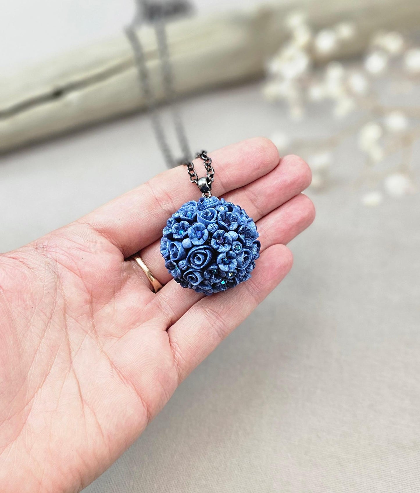 Blue Floral Polymer Clay Pendant