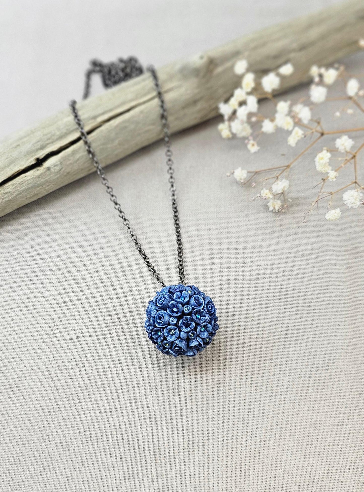 Blue Floral Polymer Clay Pendant
