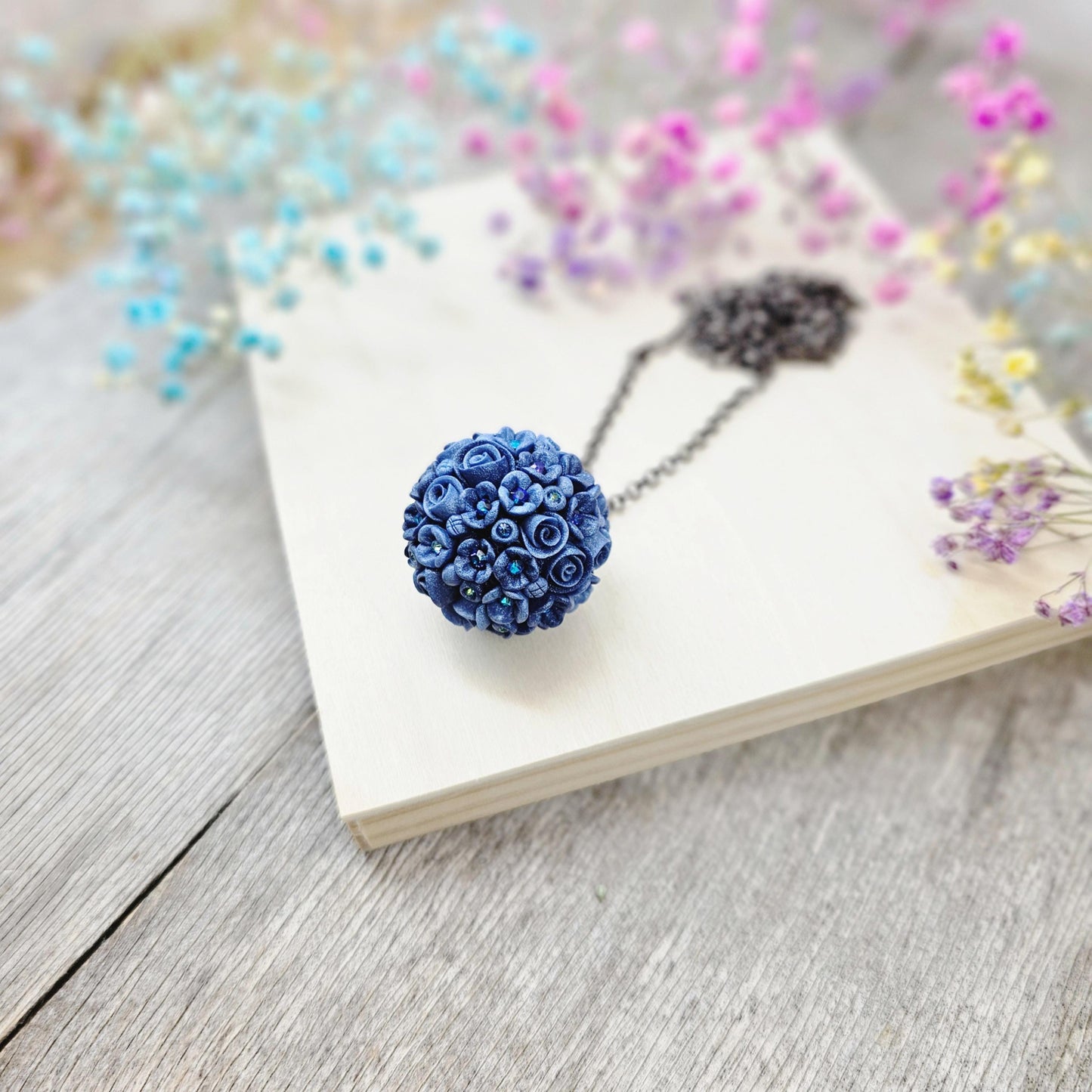 Blue Floral Polymer Clay Pendant