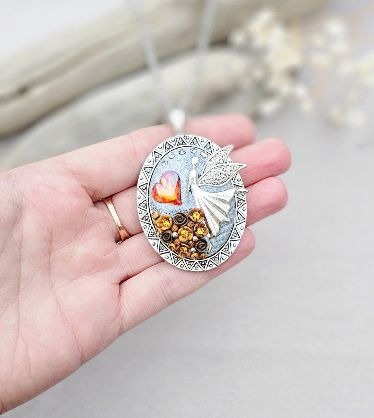 Handmade Brown Orange Fairy Heart Locket Pendant with Polymer Clay Floral Accents