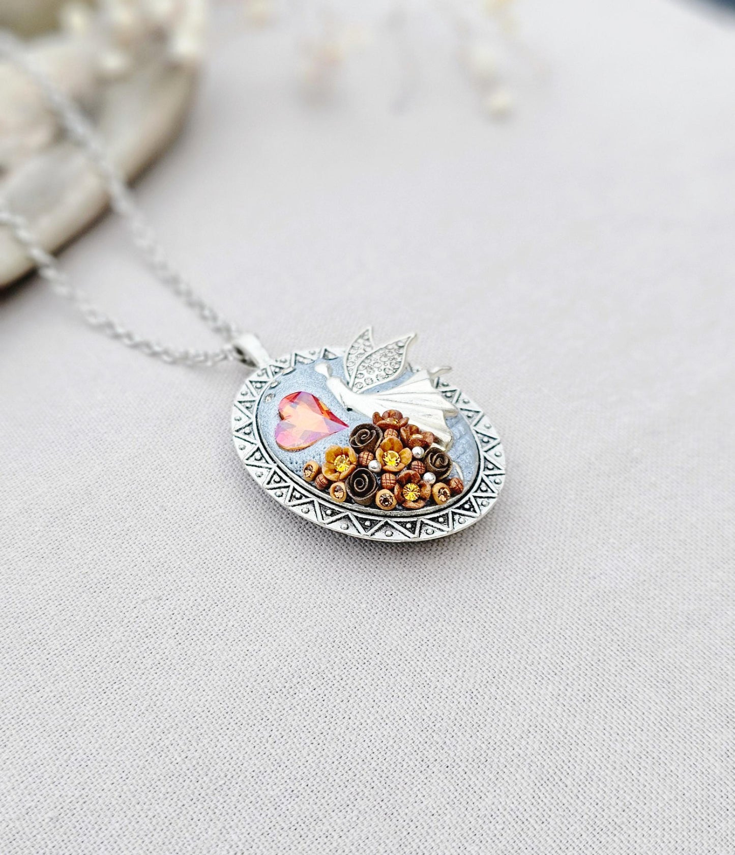 Handmade Brown Orange Fairy Heart Locket Pendant with Polymer Clay Floral Accents