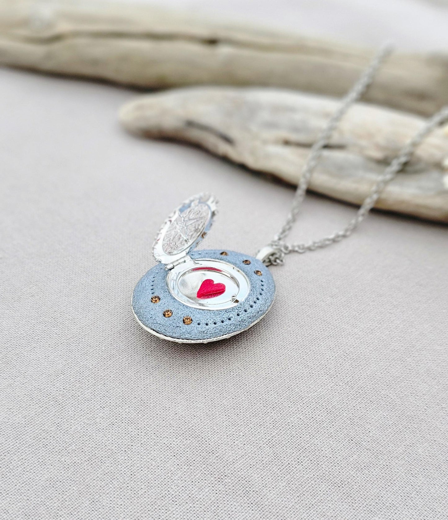 Handmade Brown Orange Fairy Heart Locket Pendant with Polymer Clay Floral Accents