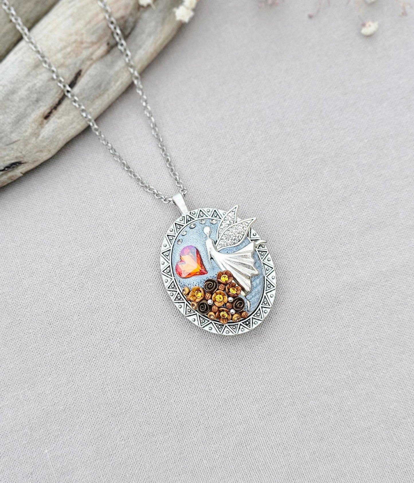 Handmade Brown Orange Fairy Heart Locket Pendant with Polymer Clay Floral Accents