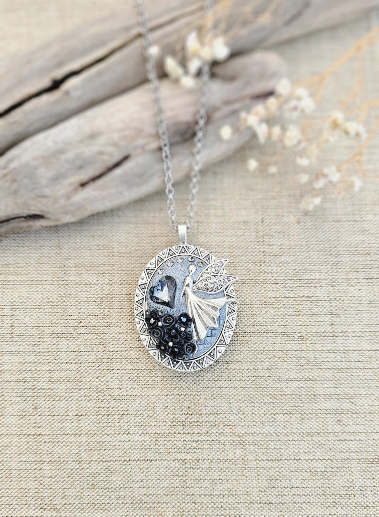 Double Sided Handmade Black and Silver color Fairy Heart Locket Pendant with Polymer Clay Floral Accents