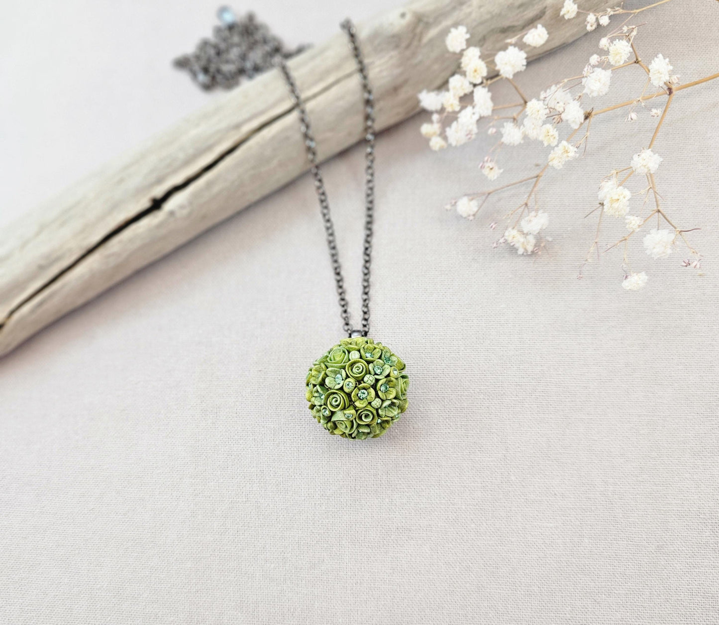 Handmade Green Polymer Clay Flower Ball Pendant on Black Chain
