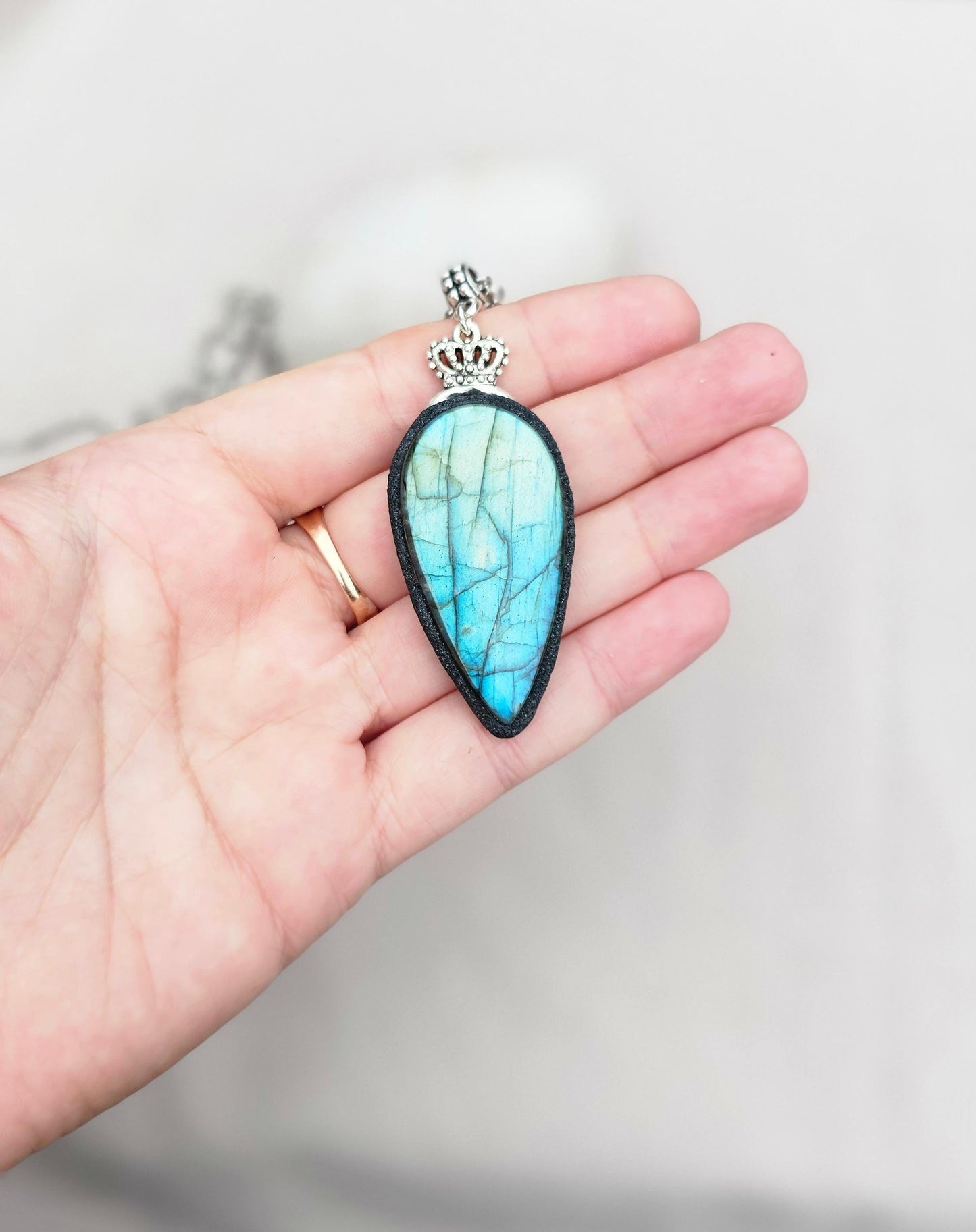 Labradorite pendant, polymer clay frame, heart detail, silver color chain
