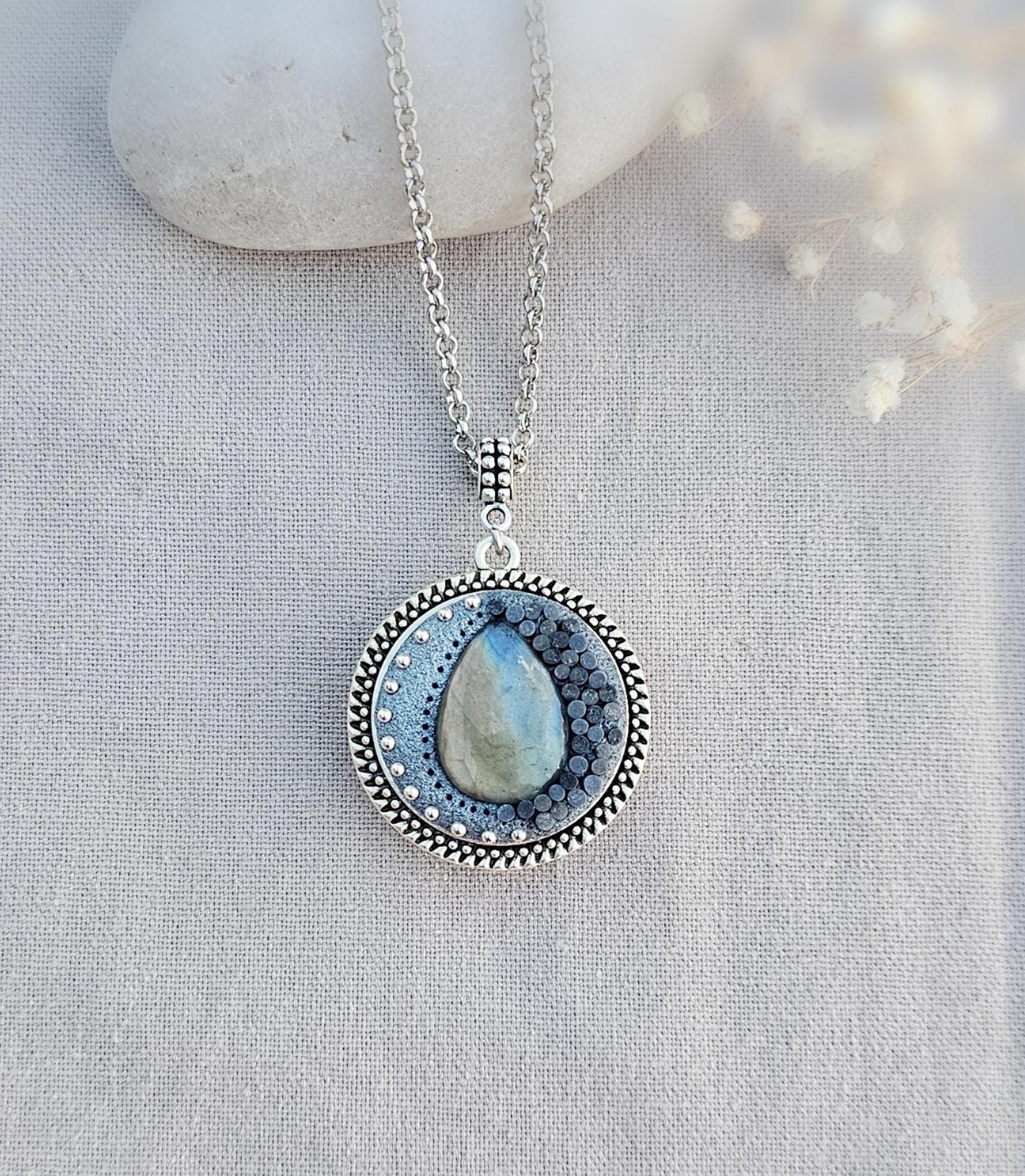 wonderful talisman, amulet. Handmade pendant with labradorite. Jewelry for a photo. Jewelry for essential oil. Blue Labradorite. Dark blue flowers made of polymer clay