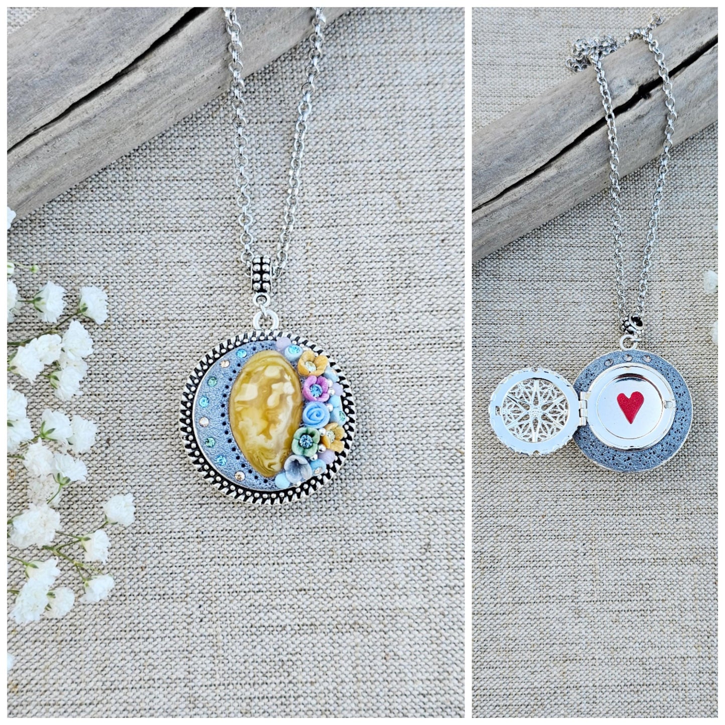 Handmade Double Sided Baltic Amber Pendant Locket with Silver Tone Metal, Perfect Medallion for Photo or Essential Oil