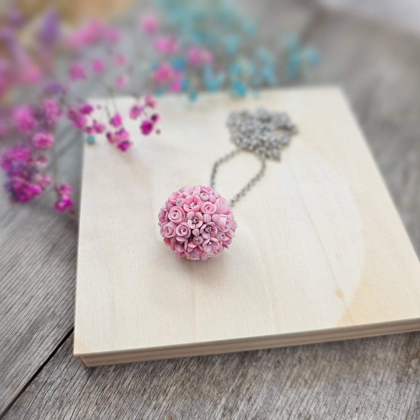 Handmade Pink Polymer Clay Flower Pendant with Crystals
