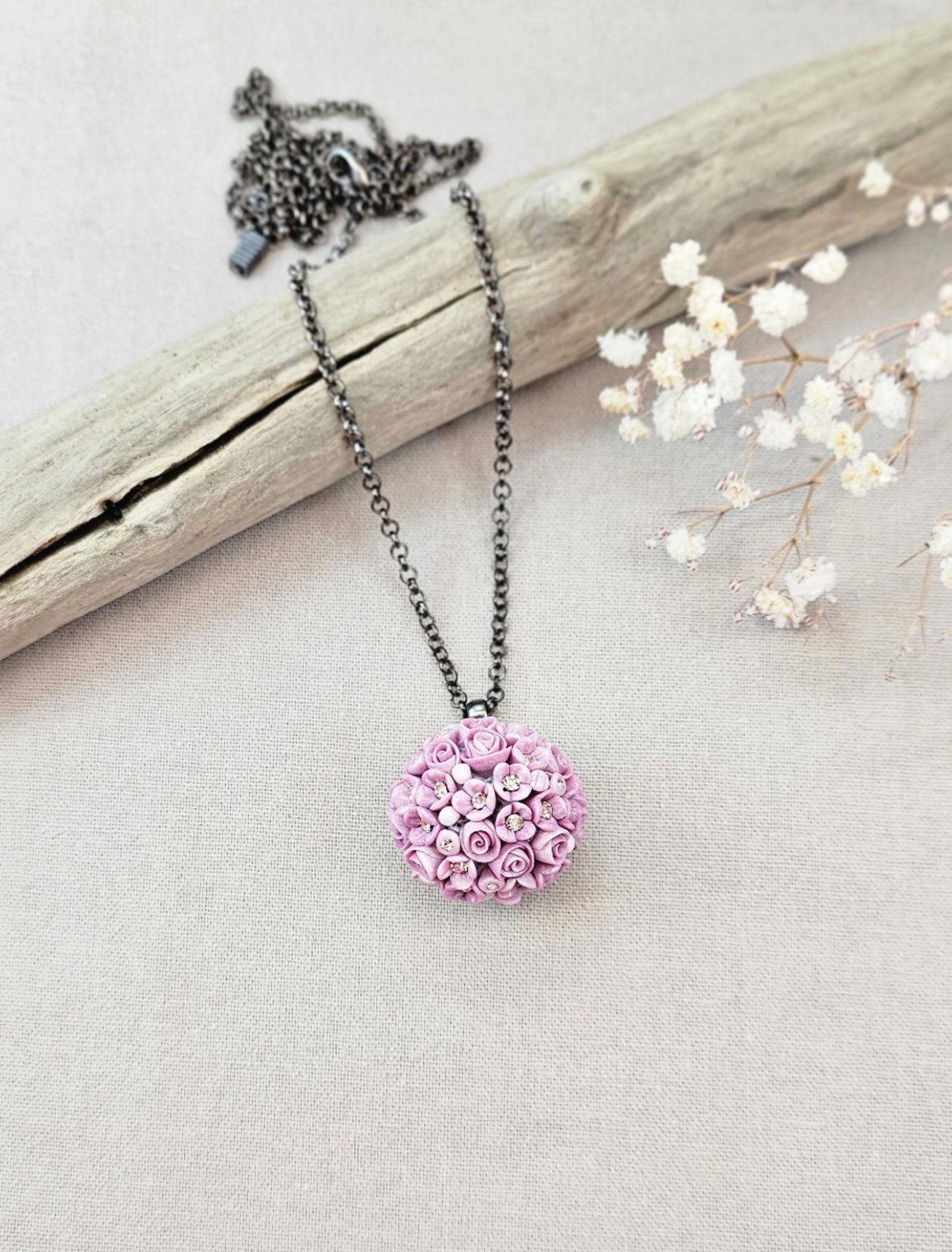 Lavender Color Romantic Polymer Clay Flower Bouquet Pendant with Crystals, Floral Necklace, Spring Pendant with Black Adjustable Chain