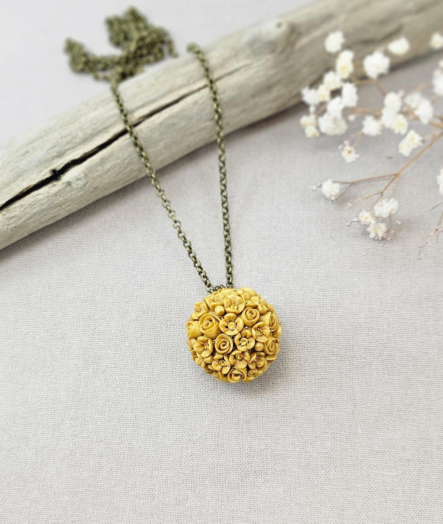 Golden Yellow Floral Polymer Clay Pendant with Crystals on Brass Chain