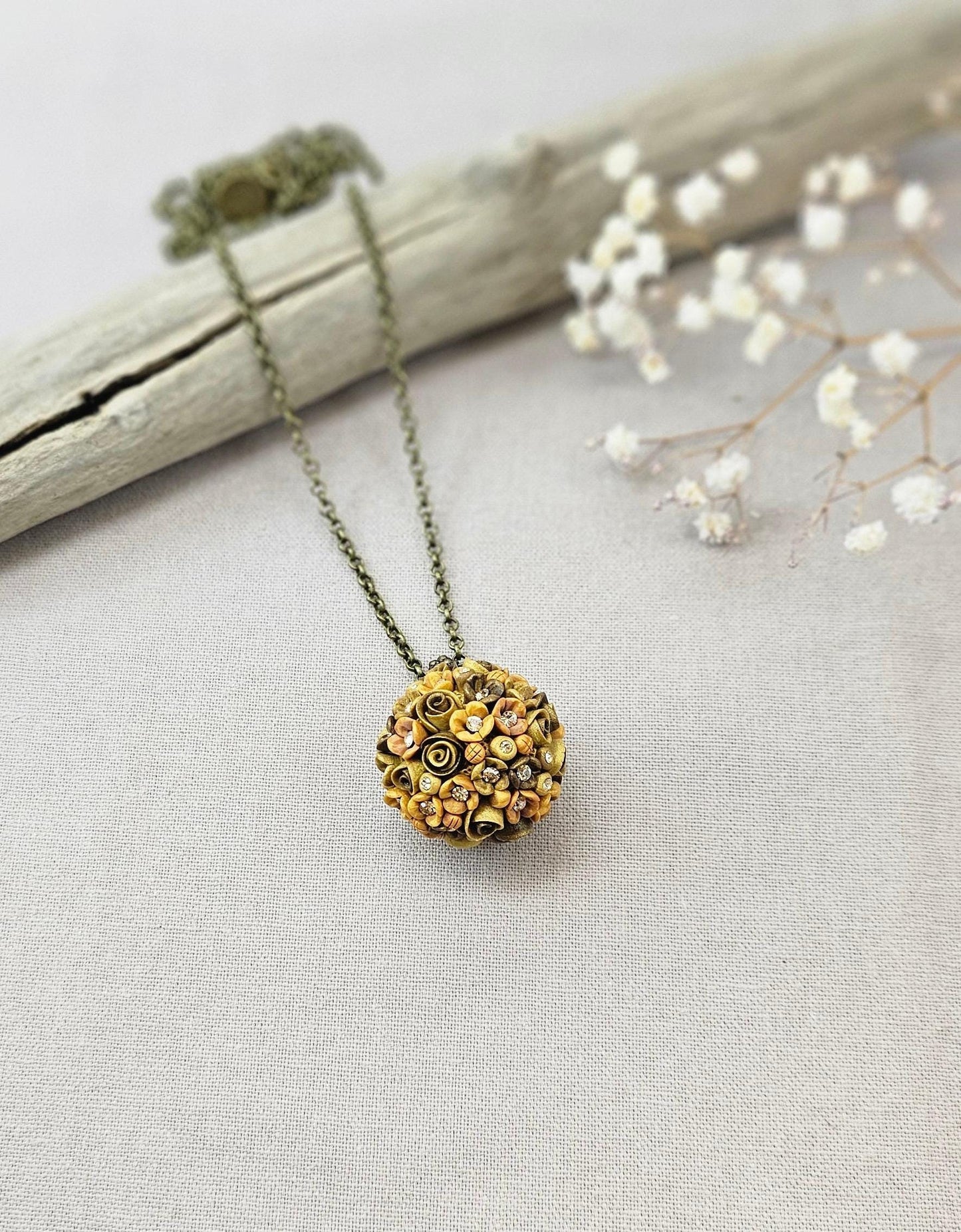 Golden Brown Earth Tone Flower Ball Pendant on Brass Chain