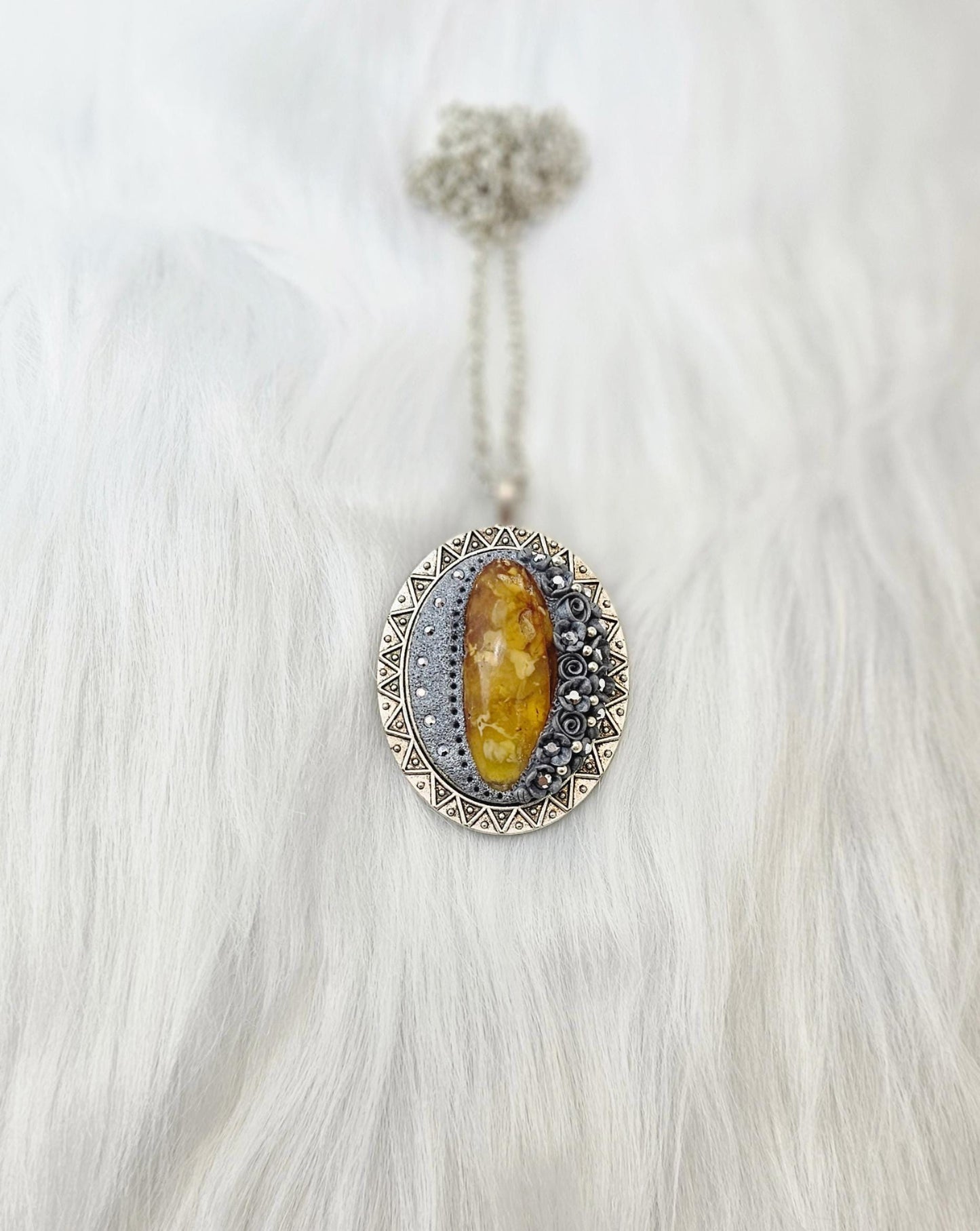 Double-sided Pendant locket with baltic amber and polymer clay flowers