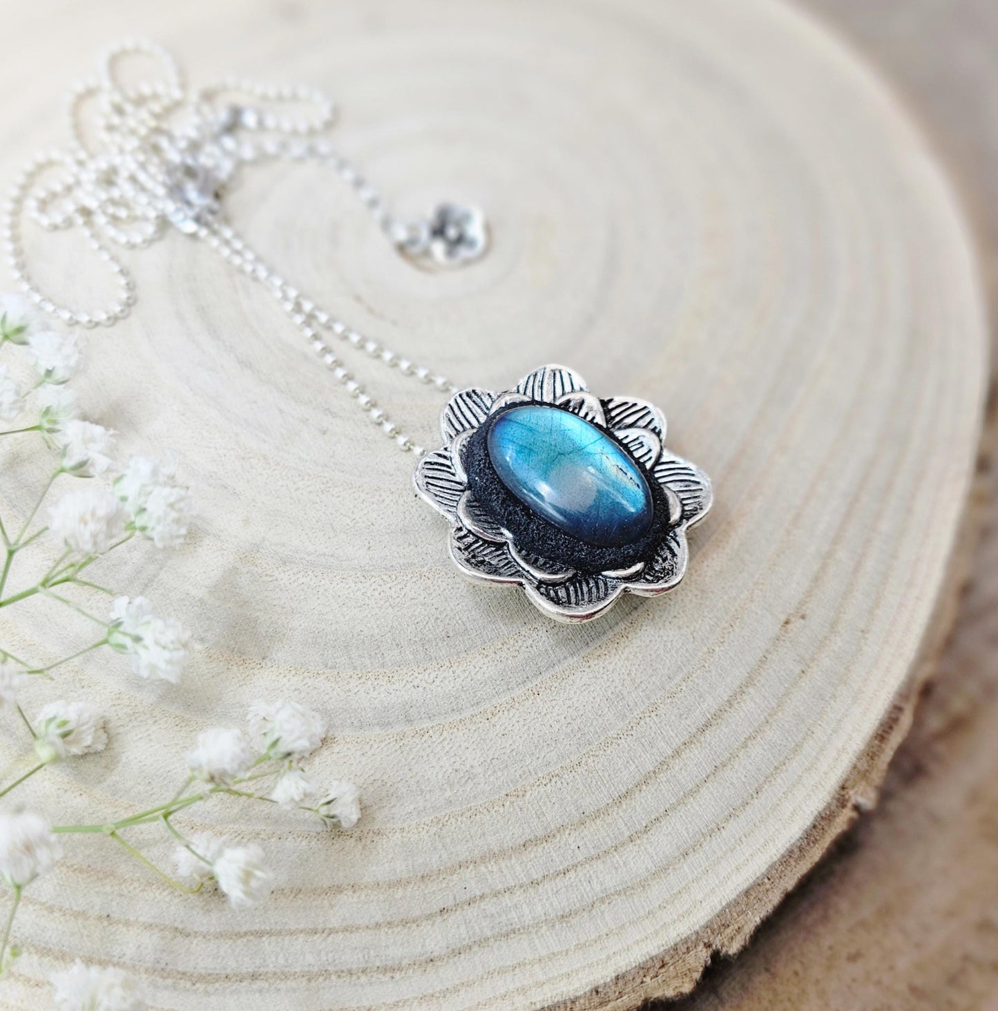 One of a kind Unique Pendant with Labradorite and Heart on the other side, Short Metal Chain