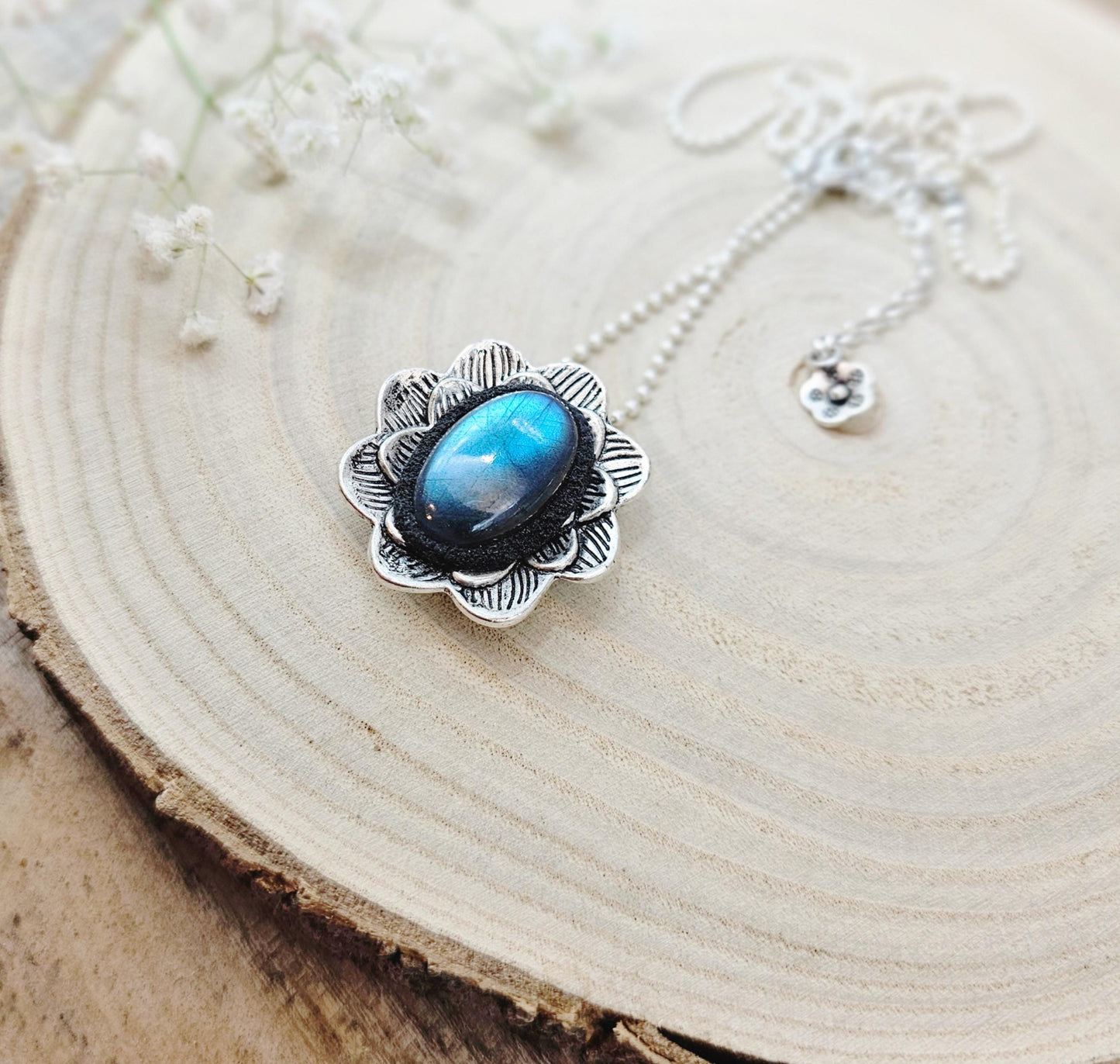 One of a kind Unique Pendant with Labradorite and Heart on the other side, Short Metal Chain