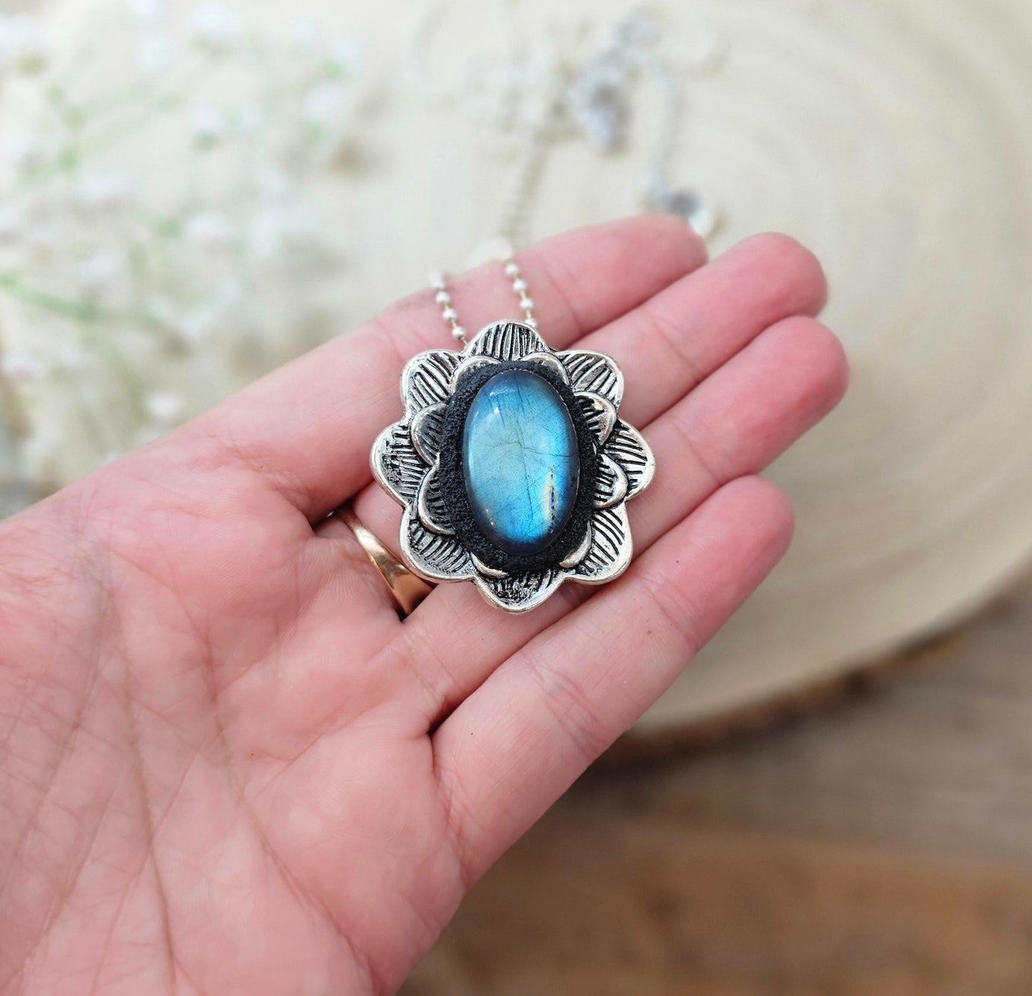 One of a kind Unique Pendant with Labradorite and Heart on the other side, Short Metal Chain