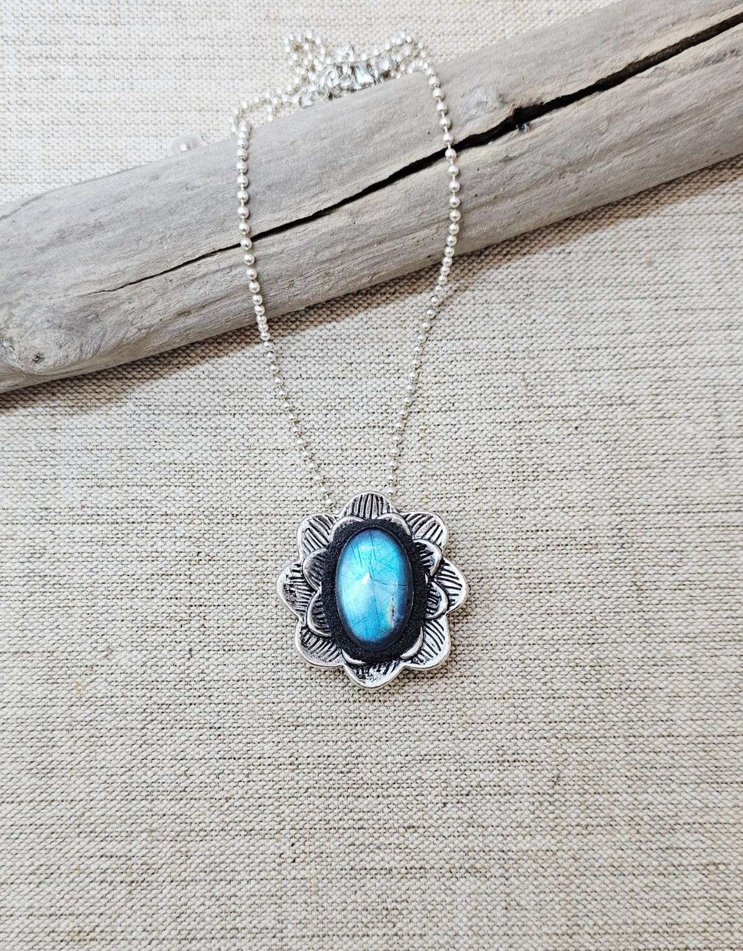 One of a kind Unique Pendant with Labradorite and Heart on the other side, Short Metal Chain