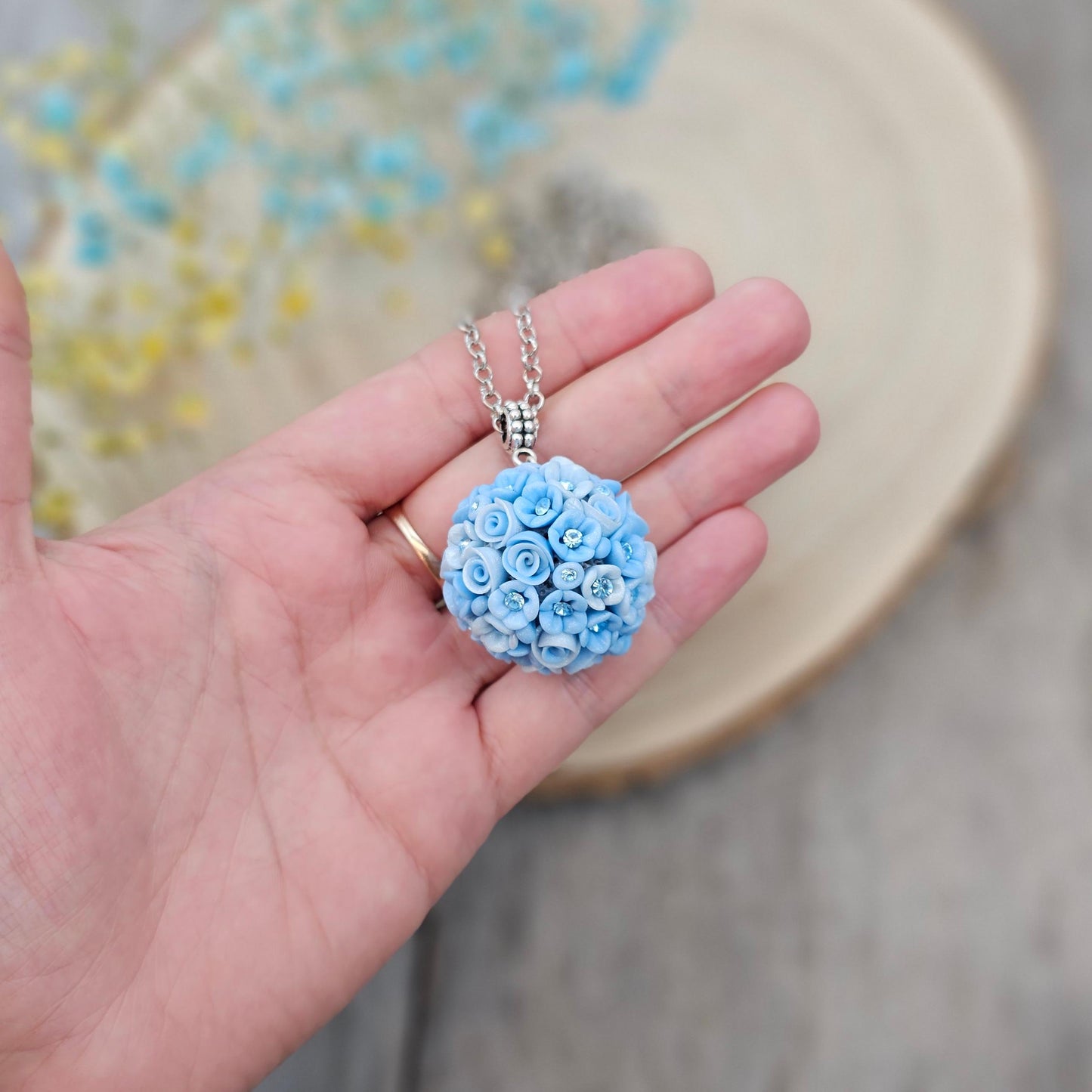 Handcrafted Polymer Clay Pendant - Blue Flower Ball Necklace with Crystals - Unique Floral Jewelry on Adjustable Chain