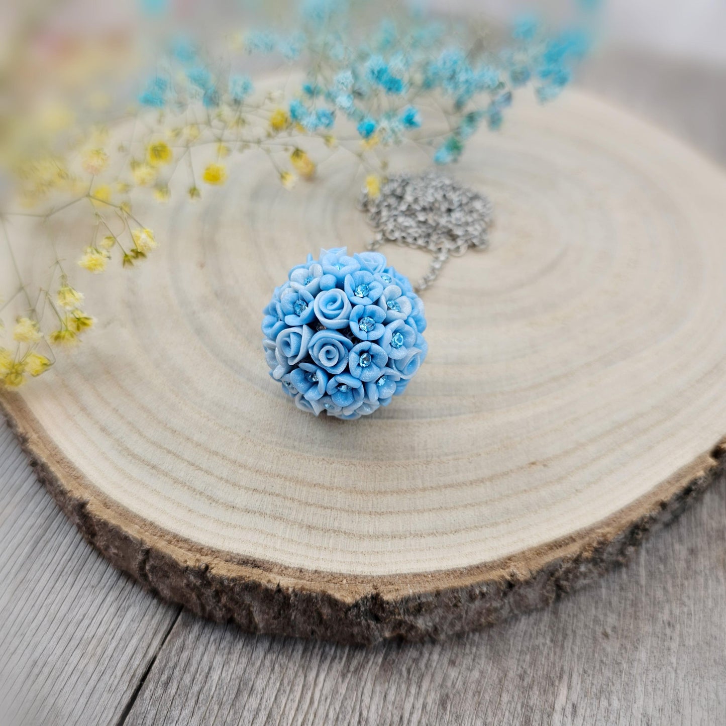 Handcrafted Polymer Clay Pendant - Blue Flower Ball Necklace with Crystals - Unique Floral Jewelry on Adjustable Chain